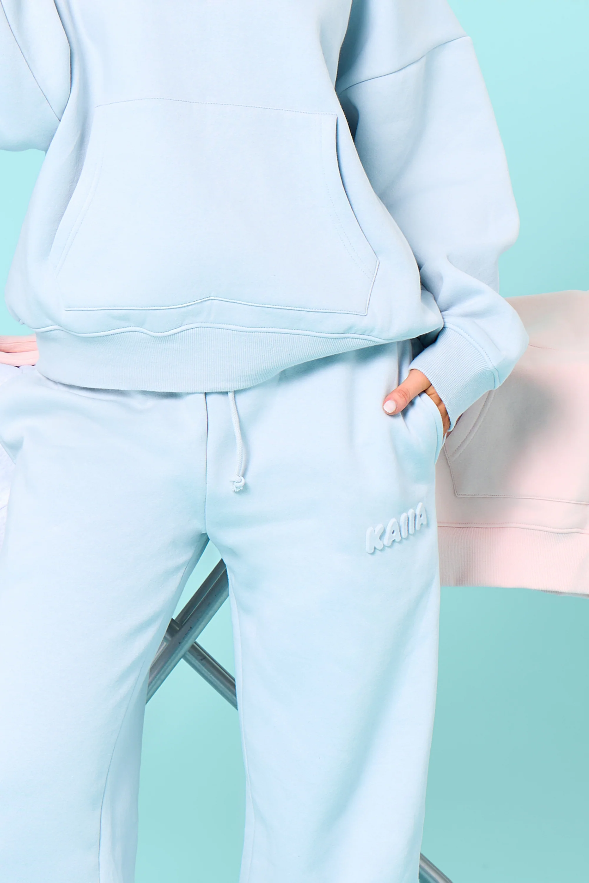 Kaiia Embossed Bubble Logo Wide Leg Joggers Baby Blue - Image 6