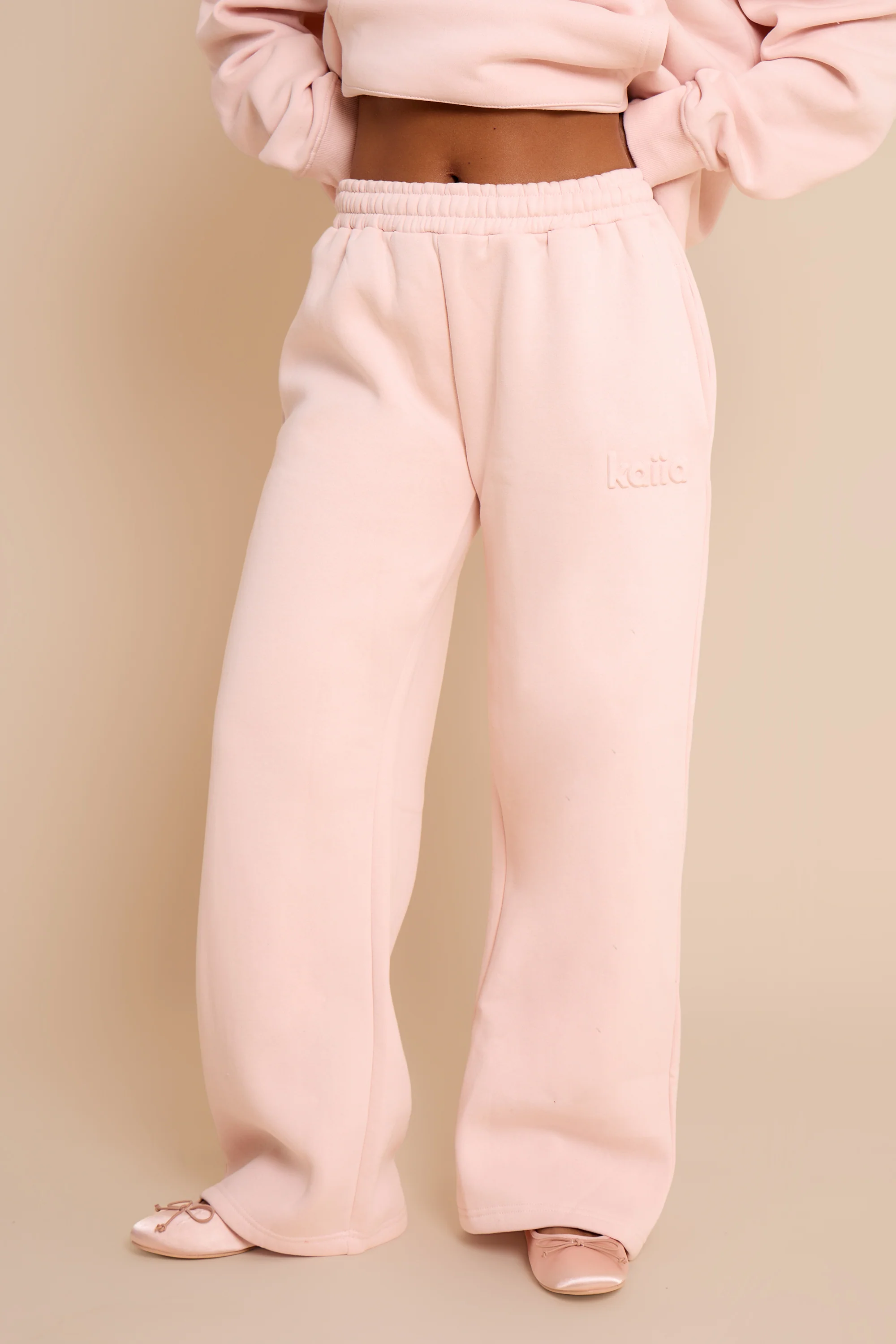 Kaiia Embossed Studio Wide Leg Joggers Baby Pink - Image 3