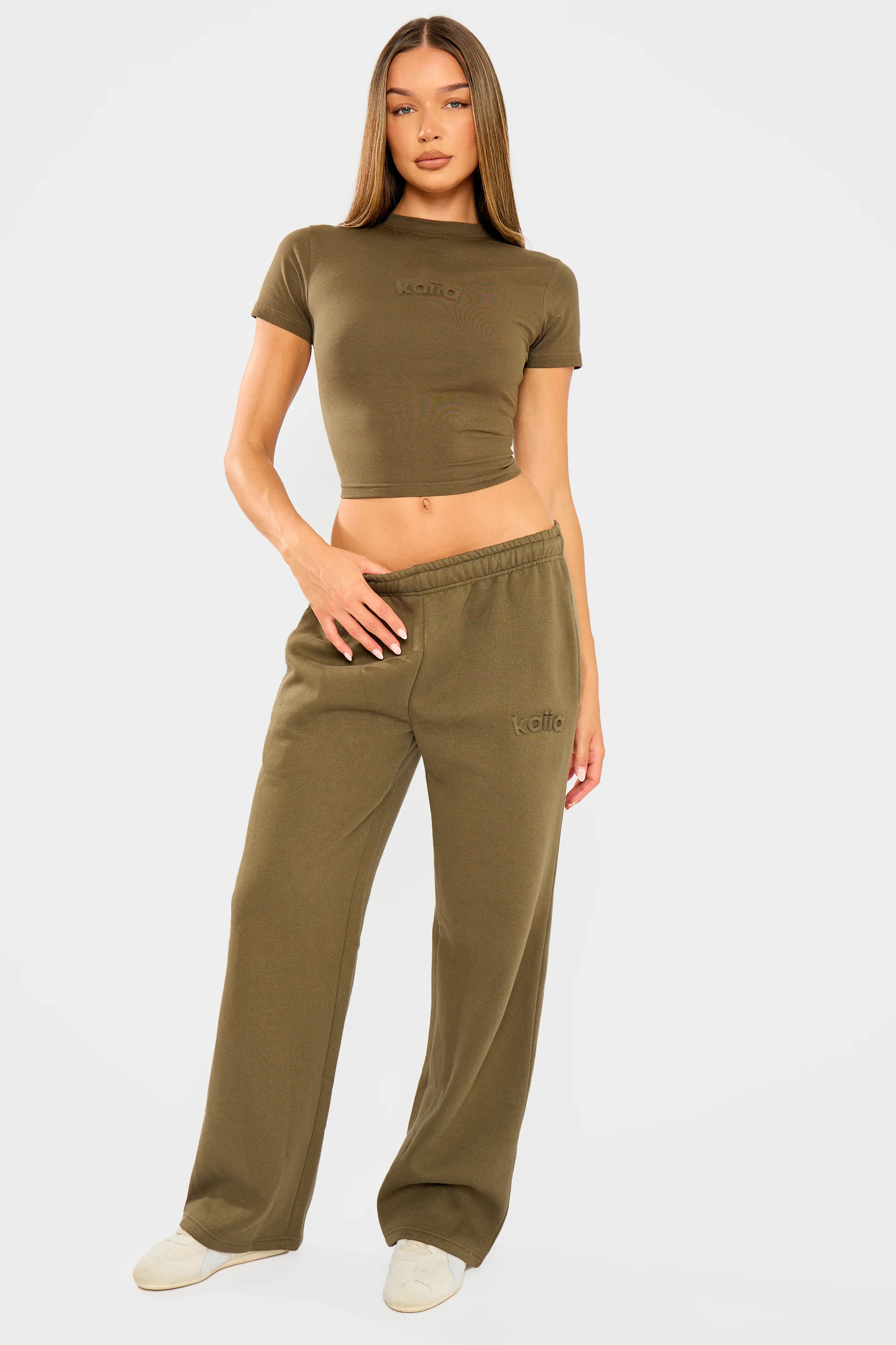 Kaiia Embossed Wide Leg Joggers Olive - Image 5