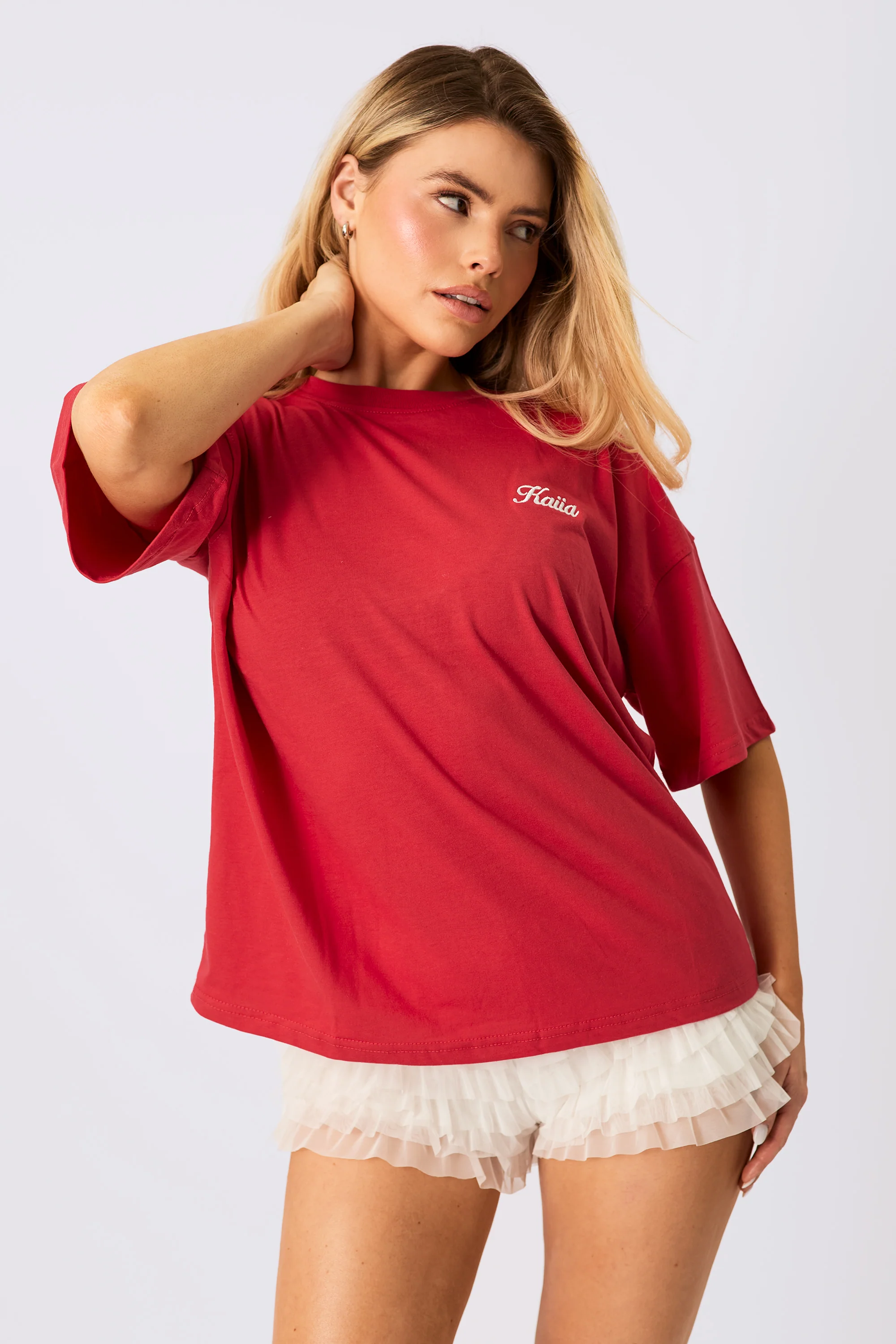 Kaiia Embroidered Logo Oversized T-Shirt Red - Image 3
