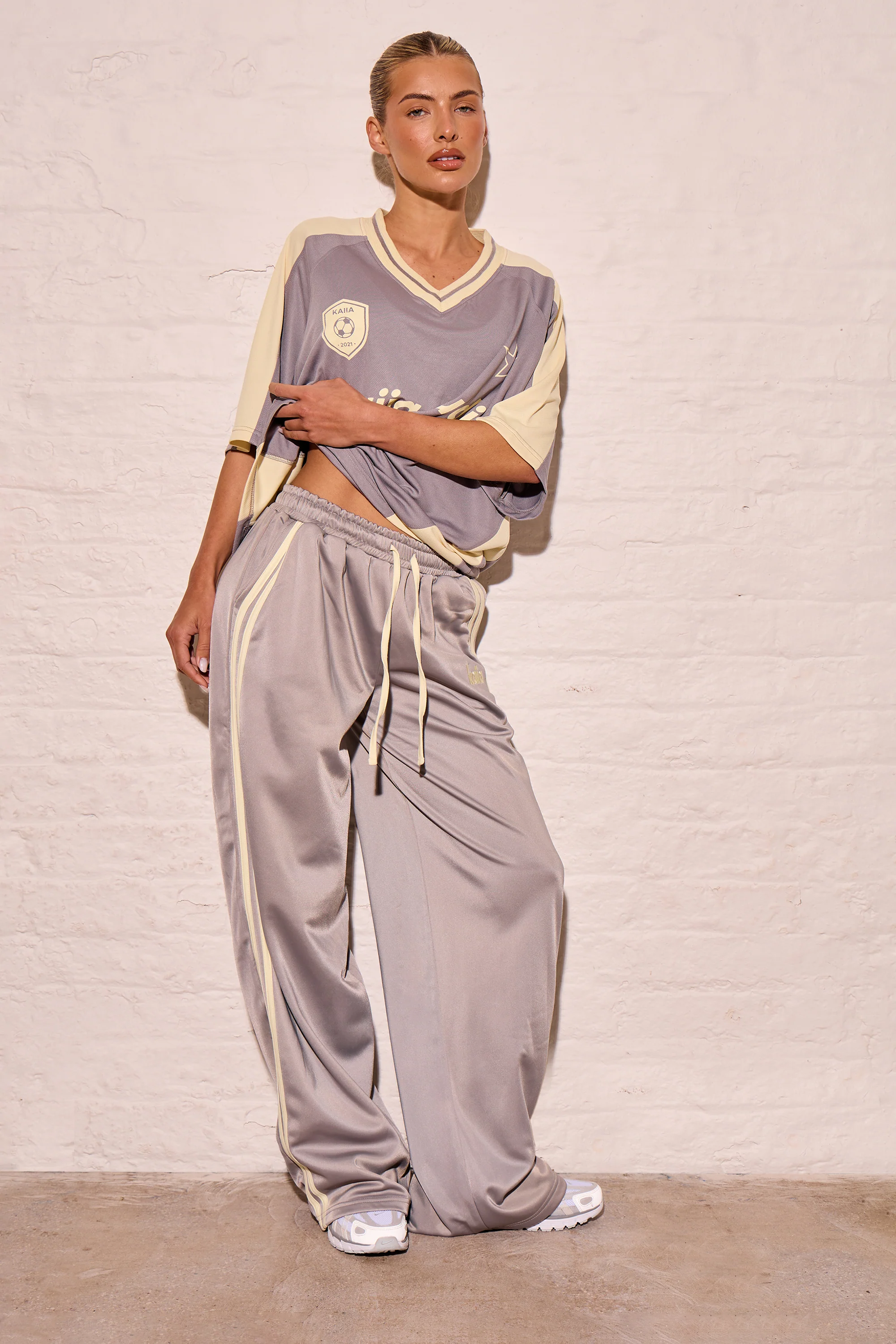 Kaiia Embroidered Tricot Joggers Mist Grey & Lemon
