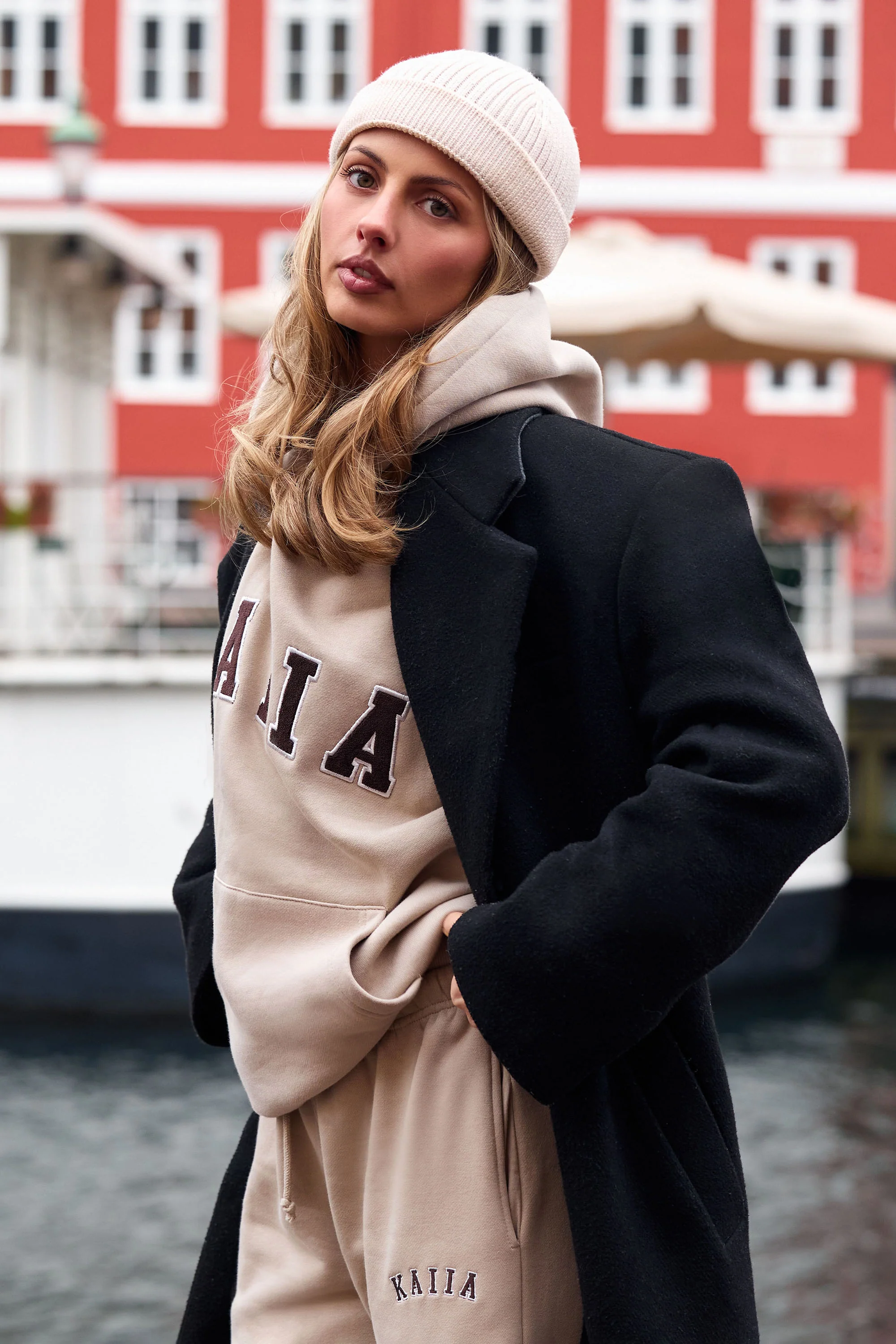 Kaiia Essentials Slogan Oversized Hoodie Ash Taupe & Bitter Chocolate - Image 2