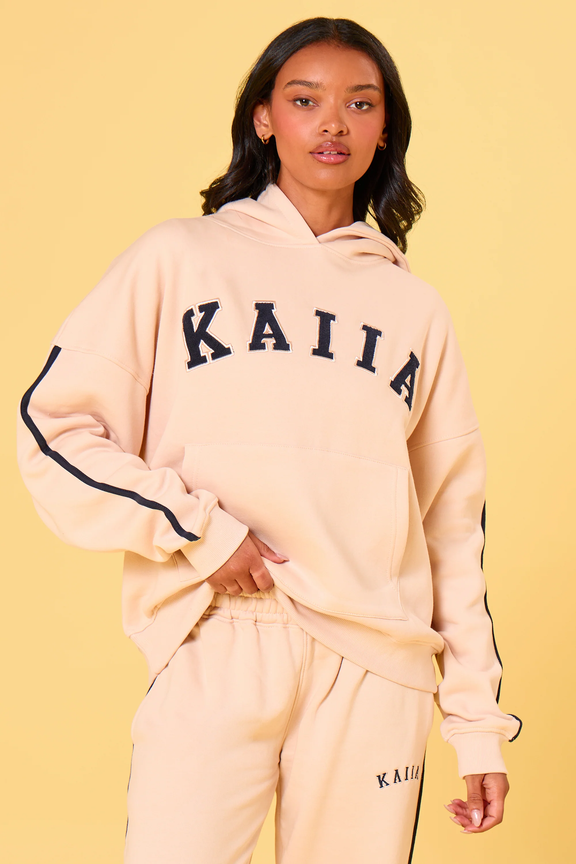 Kaiia Essentials Side Stripe Oversized Hoodie Cream & Navy - Image 6