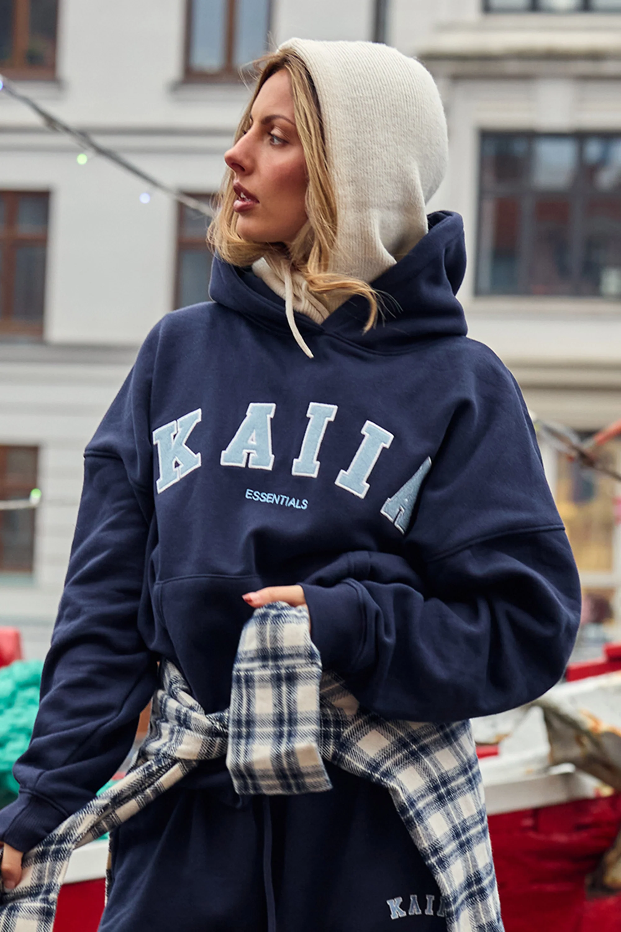 Kaiia Essentials Slogan Oversized Hoodie Navy & Baby Blue - Image 4