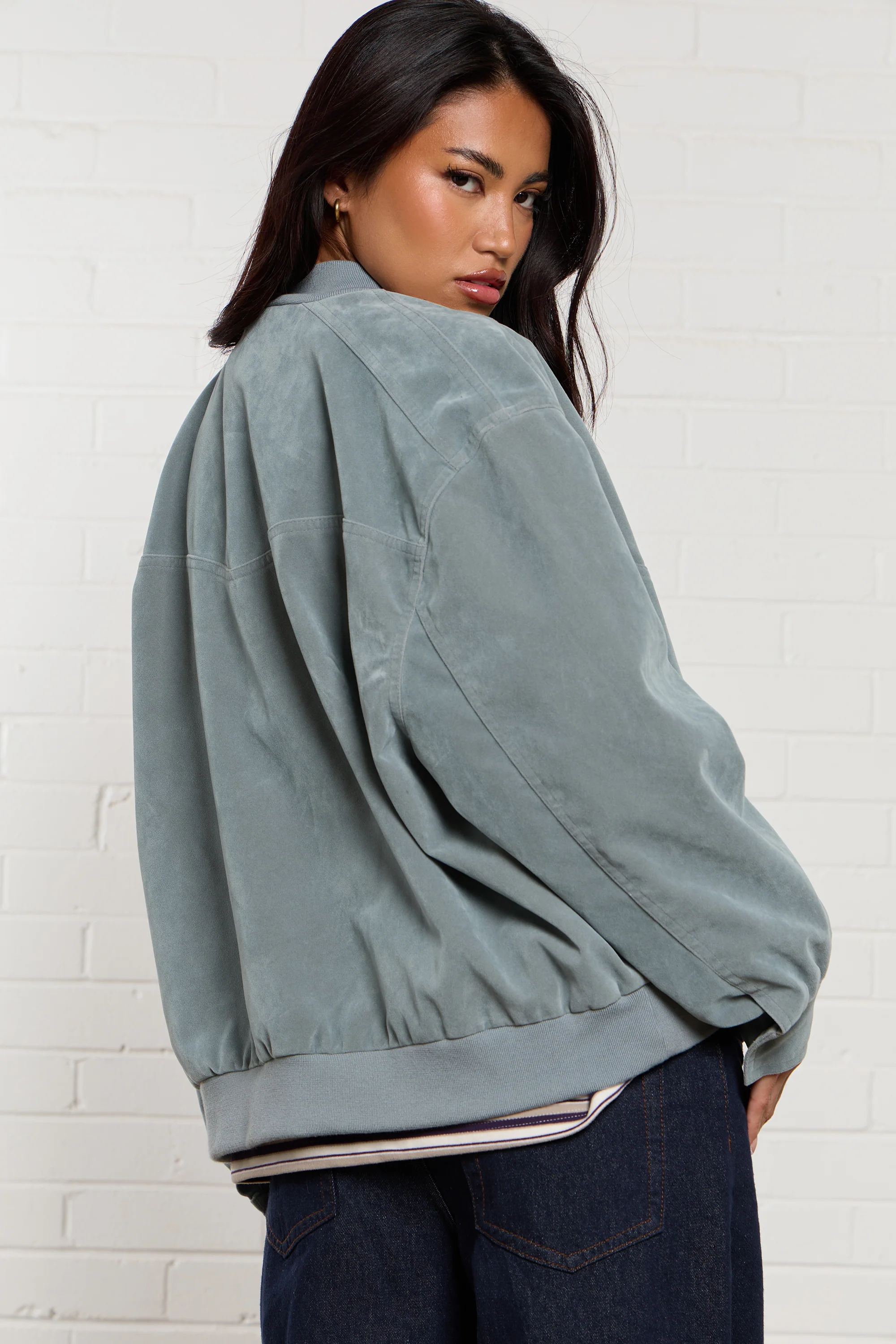 Kaiia Faux Suede Bomber Jacket Baby Blue - Image 4
