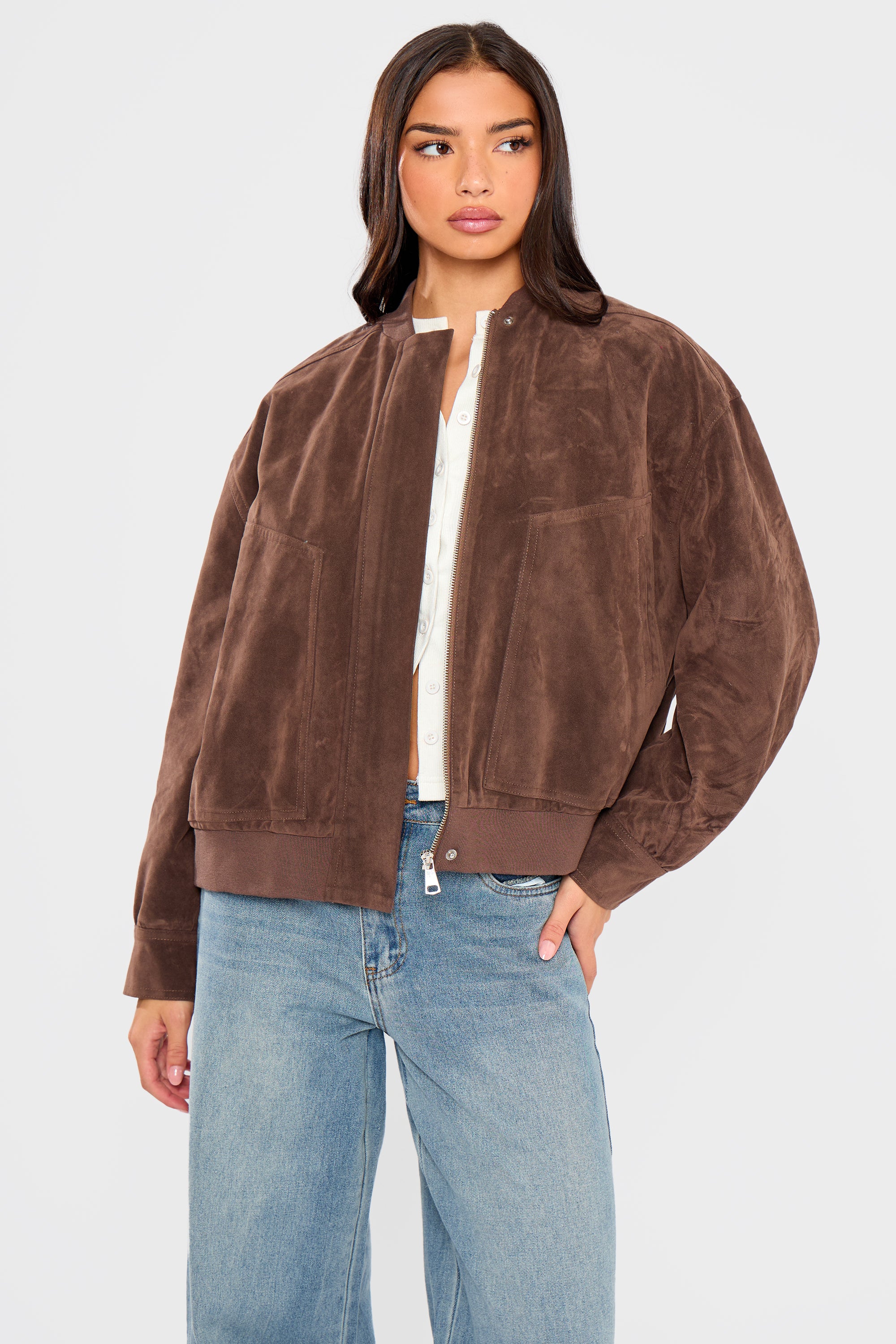 Kaiia Faux Suede Bomber Jacket Brown - Image 4