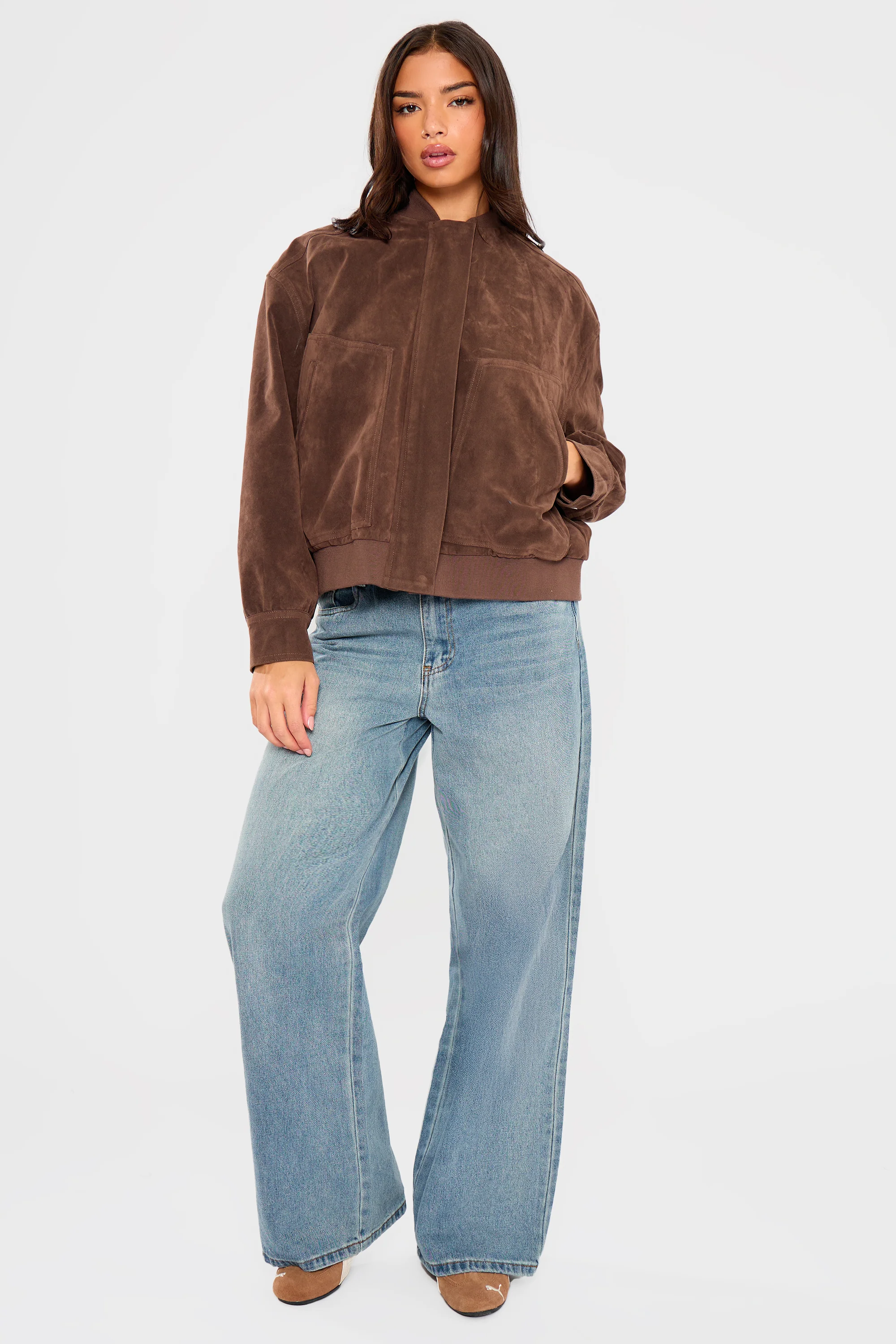Kaiia Faux Suede Bomber Jacket Brown - Image 6