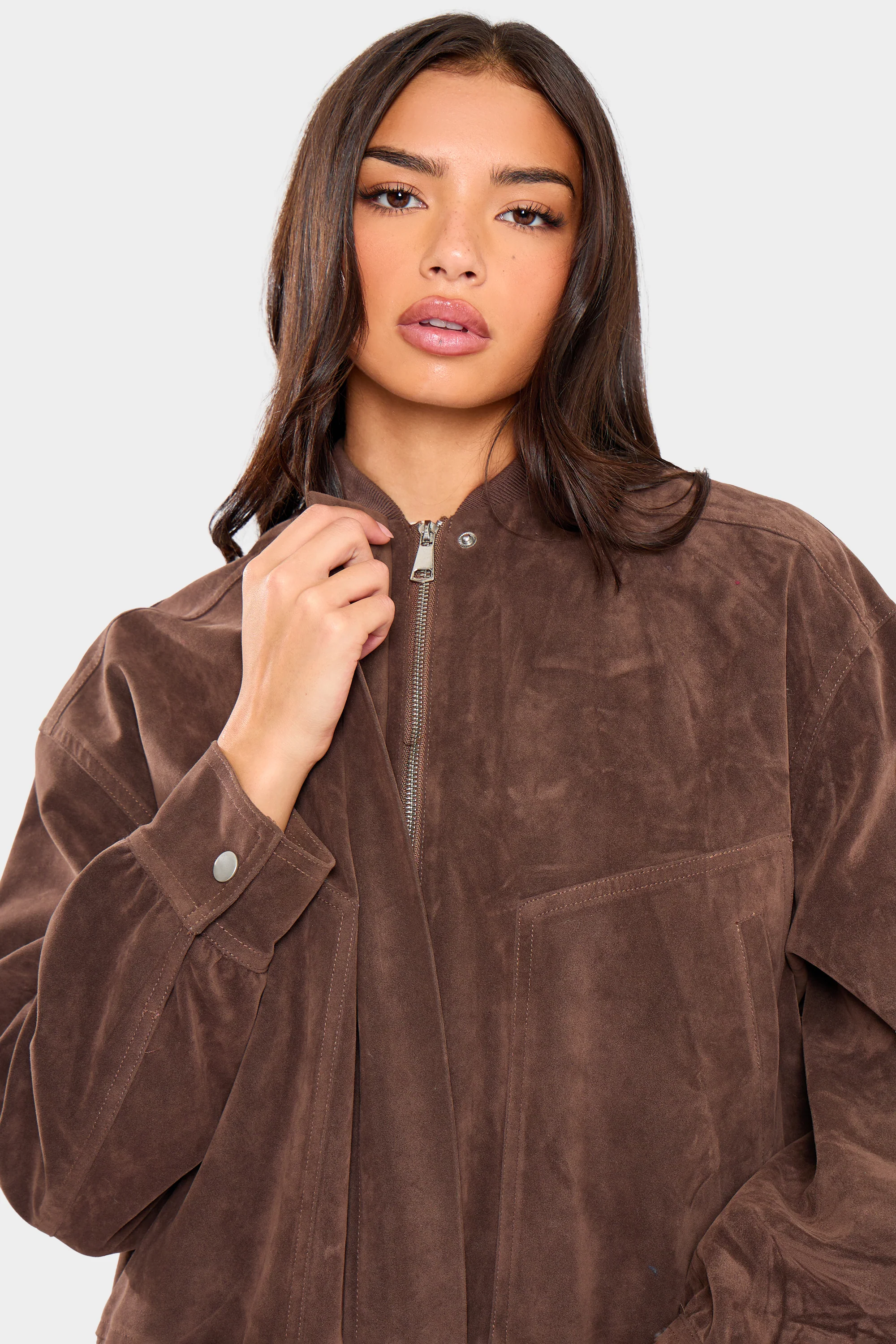 Kaiia Faux Suede Bomber Jacket Brown - Image 7