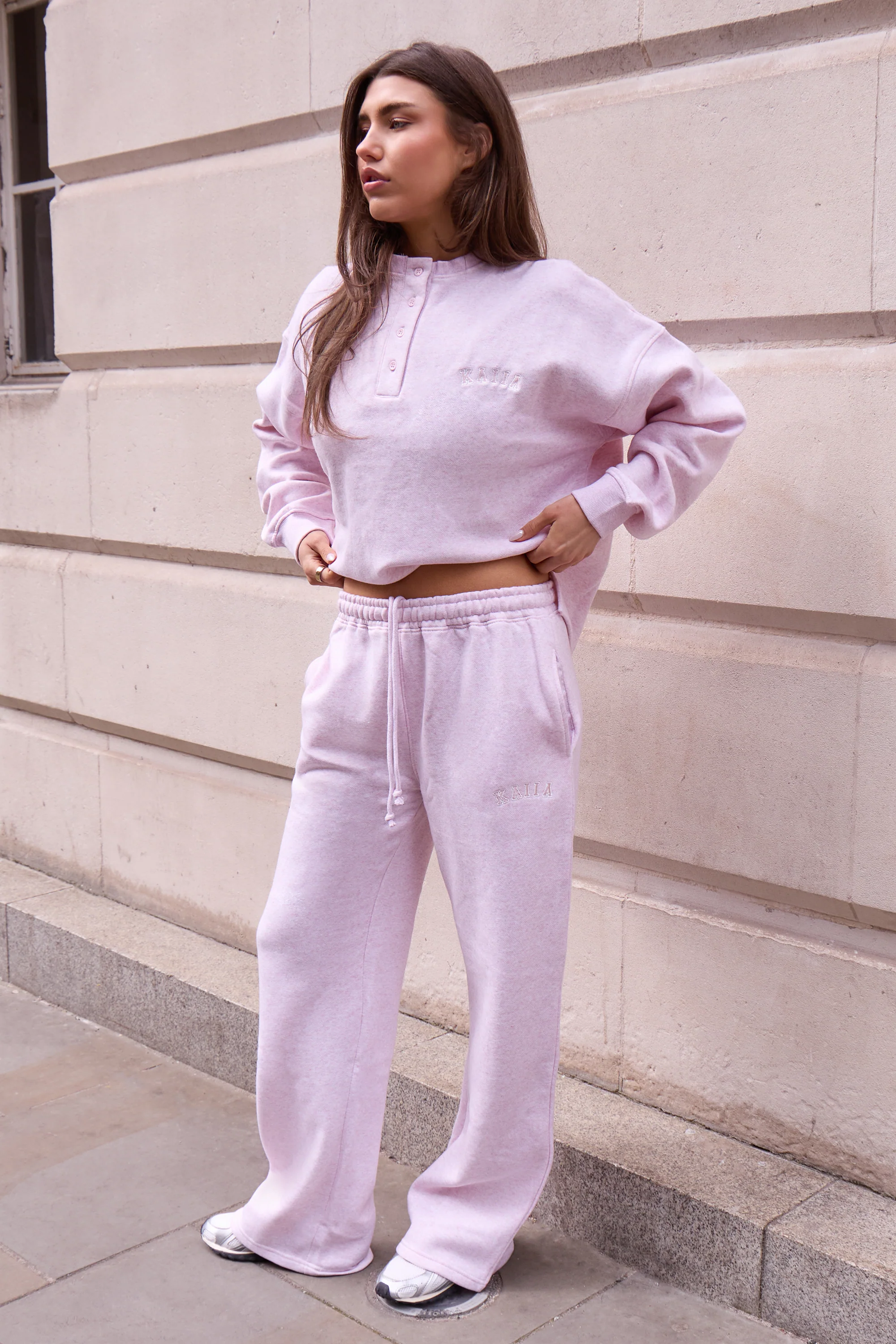 Kaiia Henley Style Button Up Sweatshirt Baby Pink Marl - Image 3