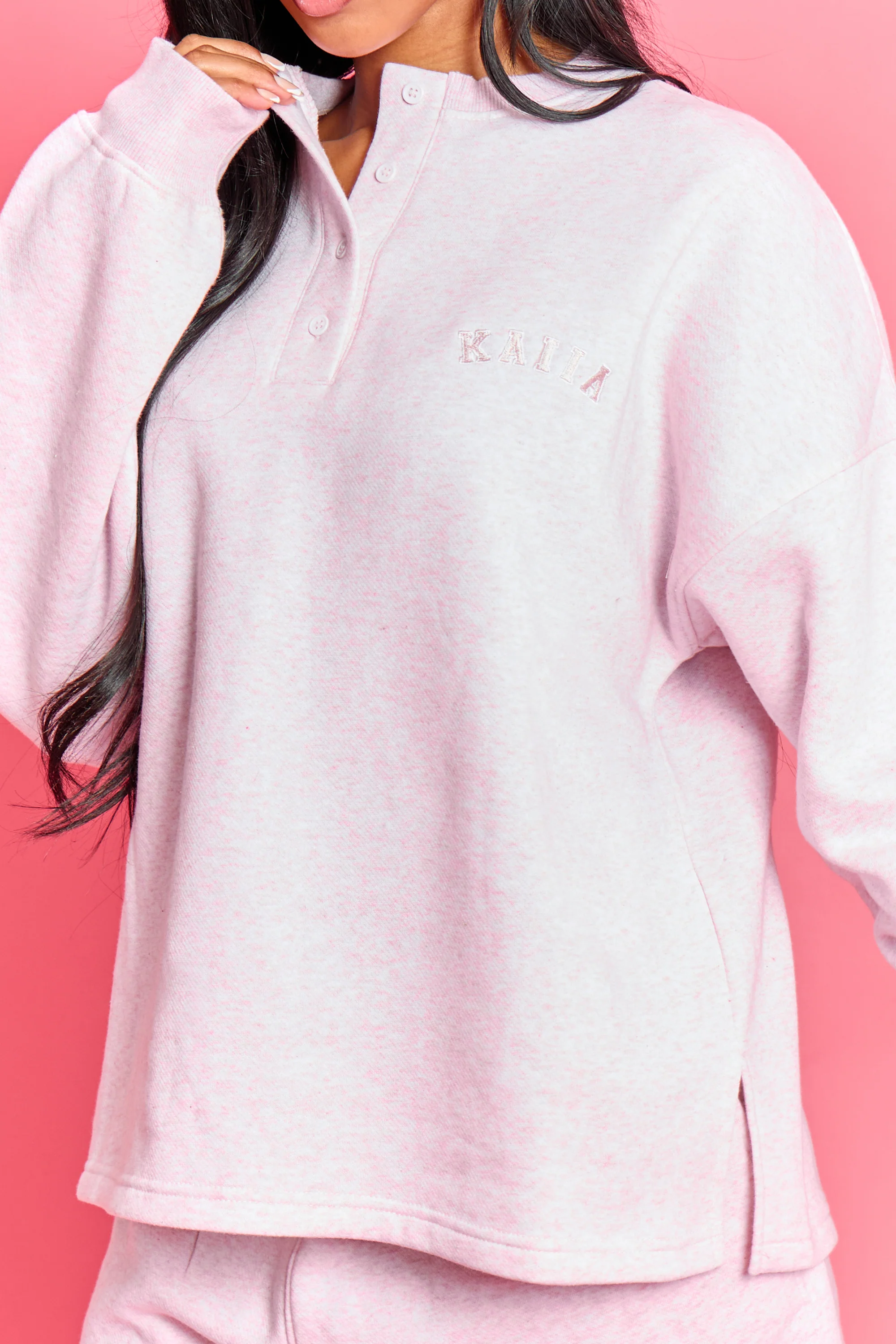Kaiia Henley Style Button Up Sweatshirt Baby Pink Marl - Image 6