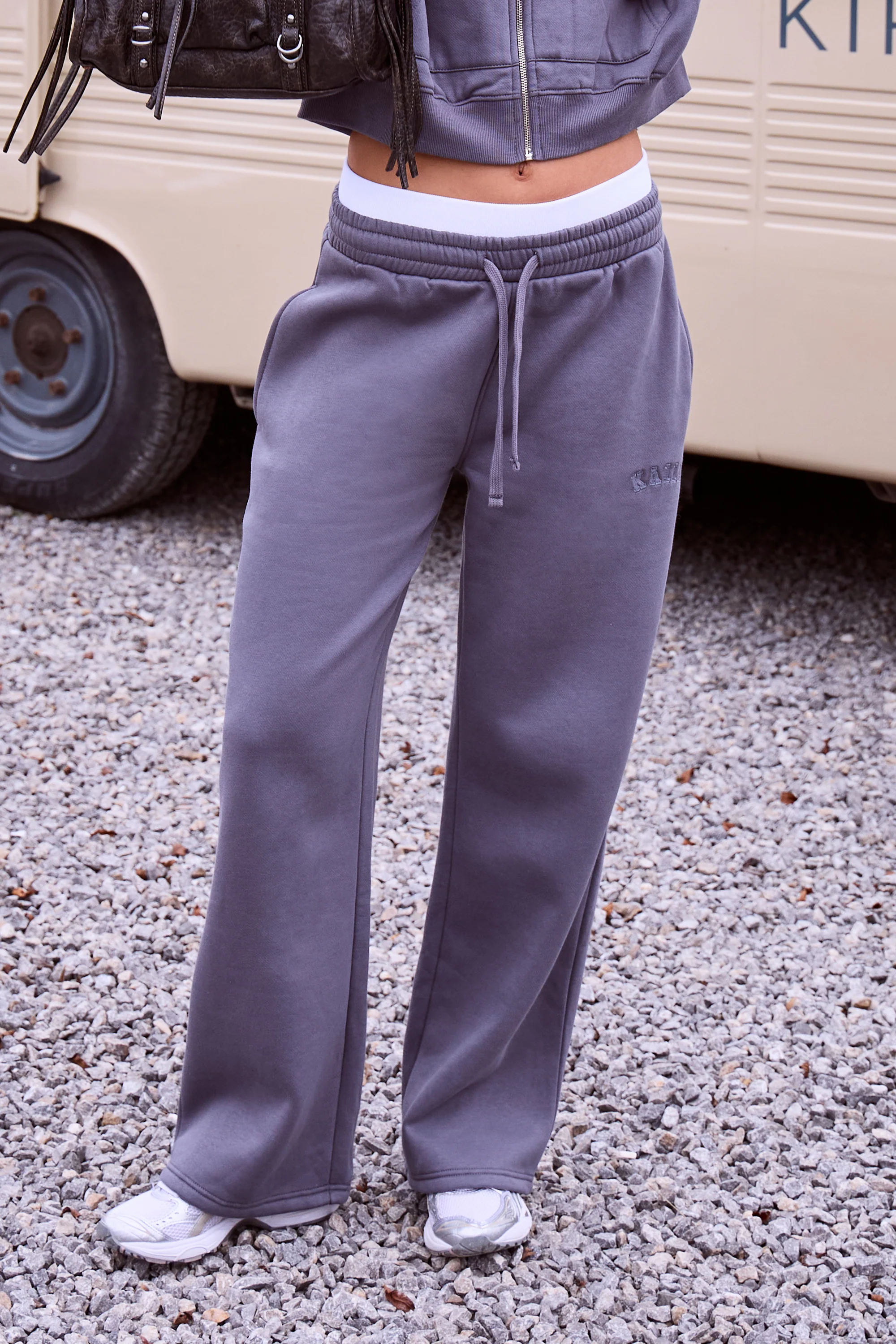 Kaiia High Waisted Double Waistband Joggers Petrol Grey - Image 2