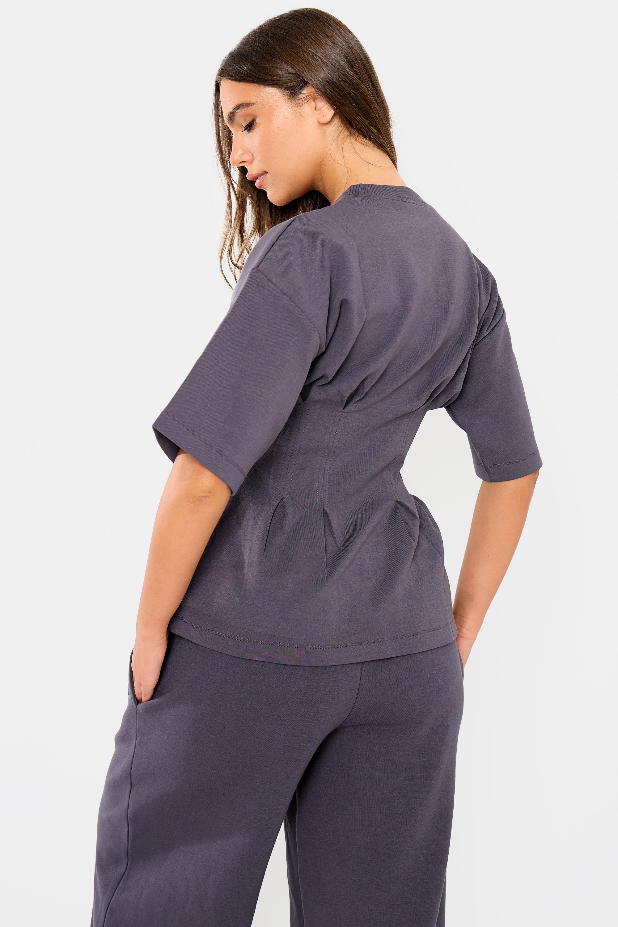 Kaiia Interlock Cinched Waist T-Shirt Midnight Charcoal - Image 3