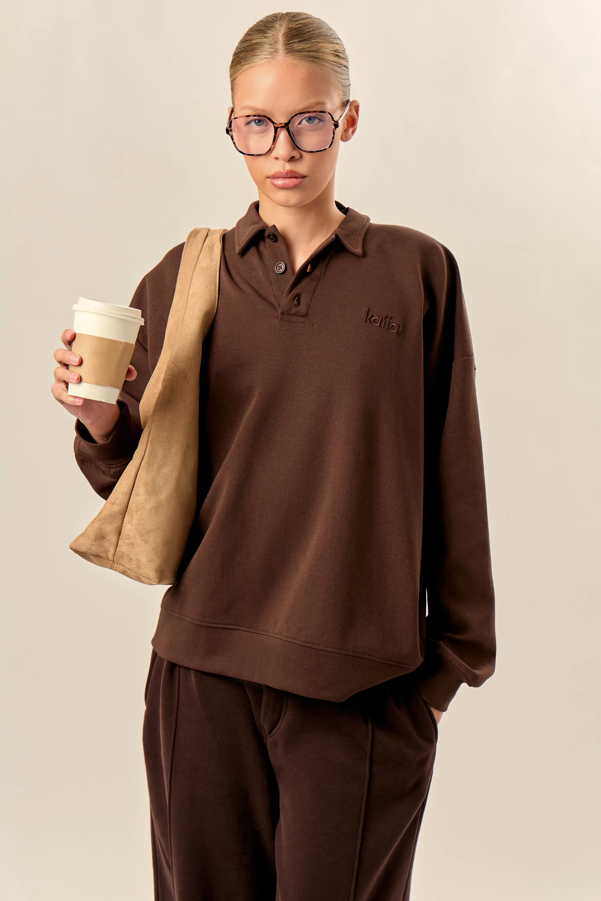 Kaiia Interlock Oversized Polo Style Button Sweatshirt Bitter Chocolate
