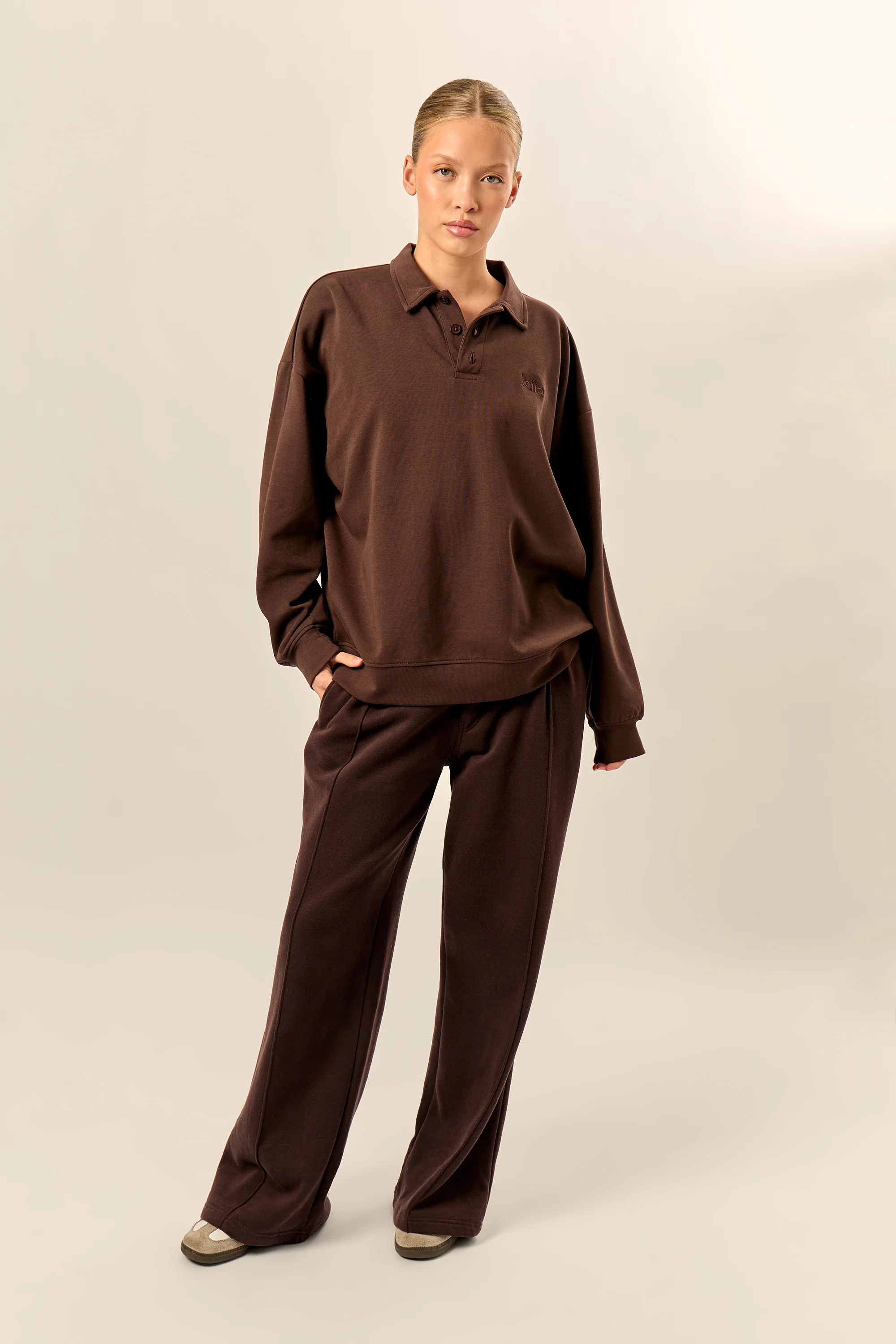 Kaiia Interlock Oversized Polo Style Button Sweatshirt Bitter Chocolate - Image 3