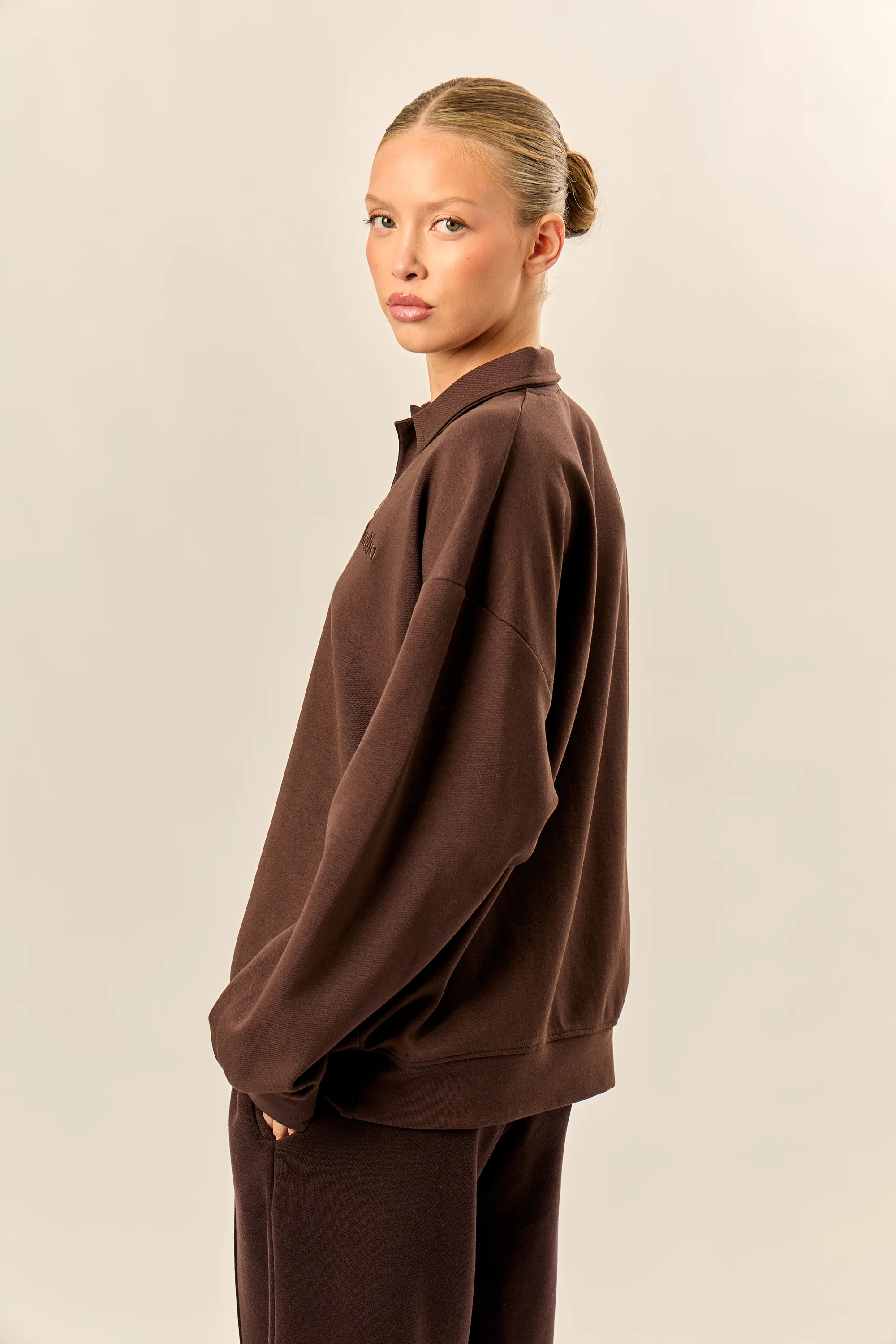 Kaiia Interlock Oversized Polo Style Button Sweatshirt Bitter Chocolate - Image 4