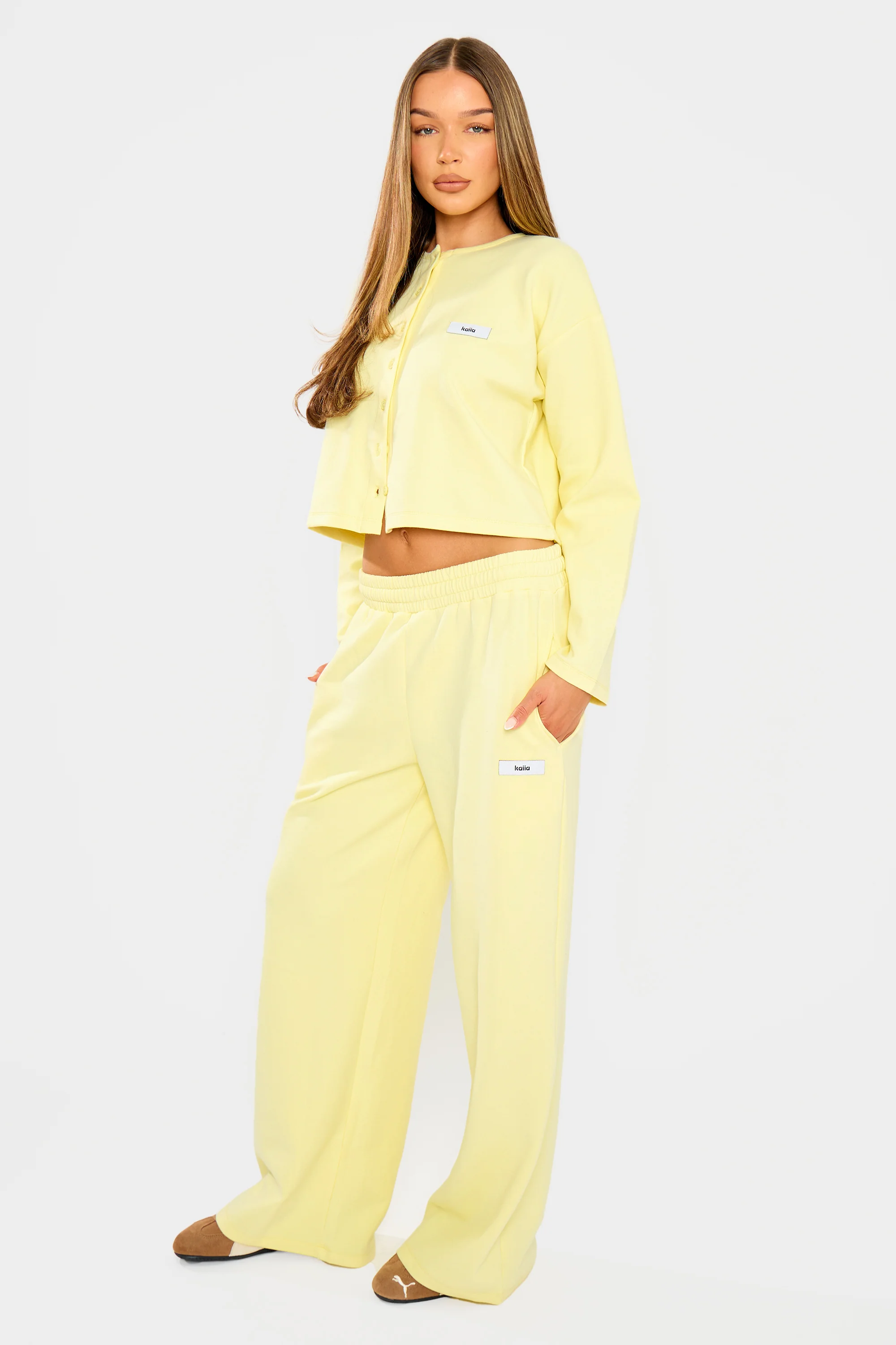 Kaiia Label Logo Premium Interlock Wide Leg Joggers Yellow