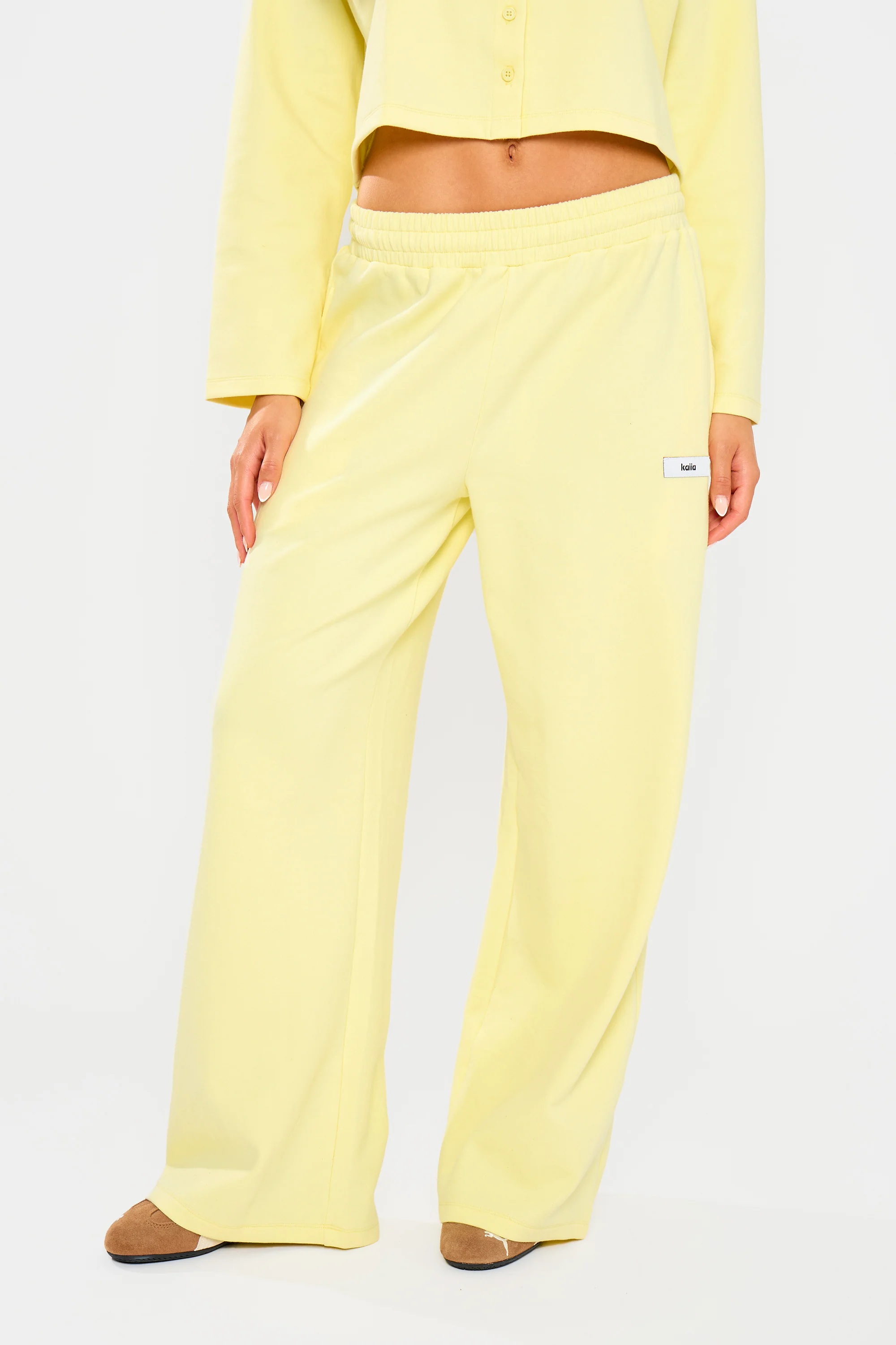 Kaiia Label Logo Premium Interlock Wide Leg Joggers Yellow - Image 2