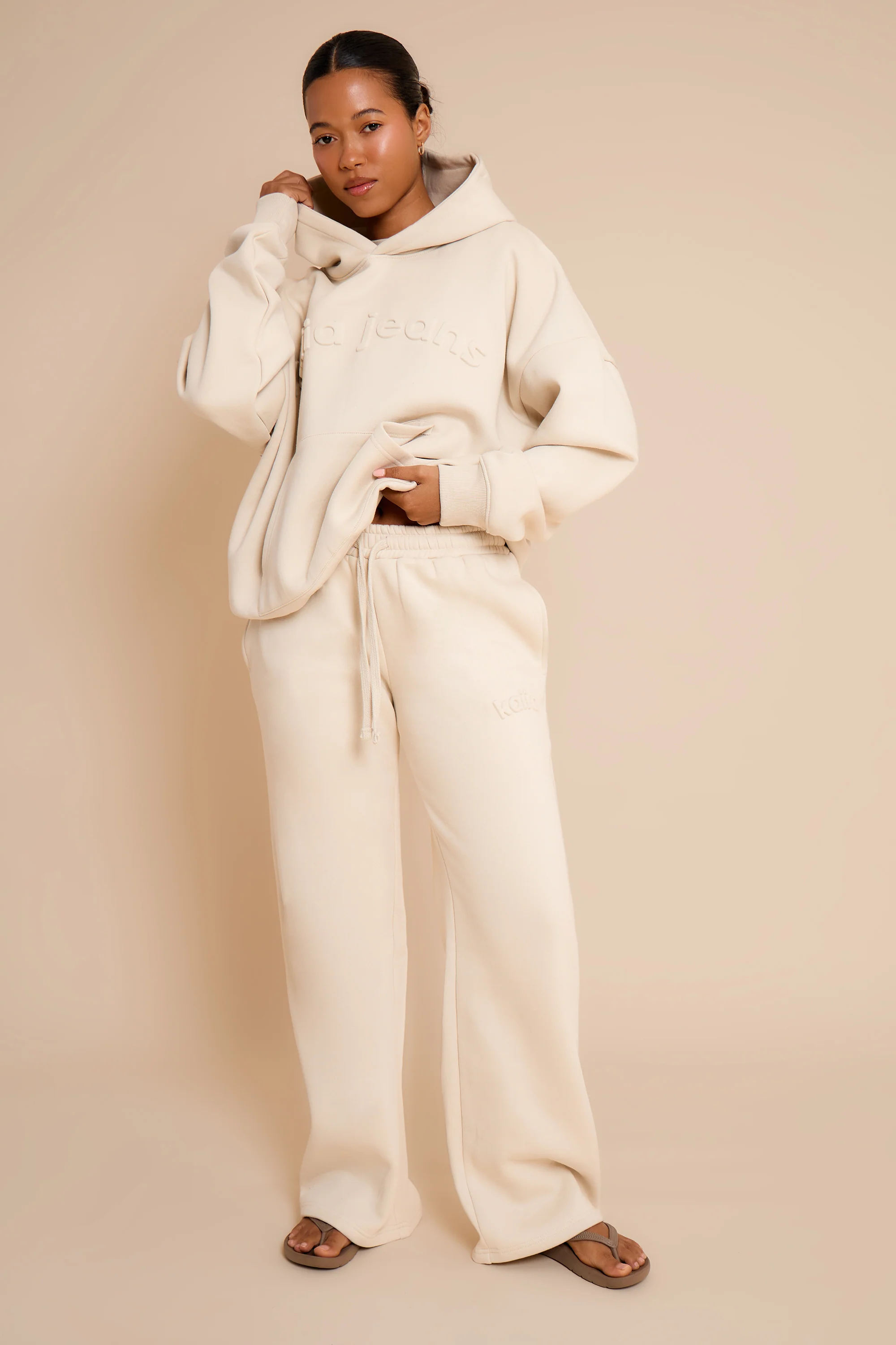Kaiia Jeans Embossed Oversized Hoodie Limestone - Image 3