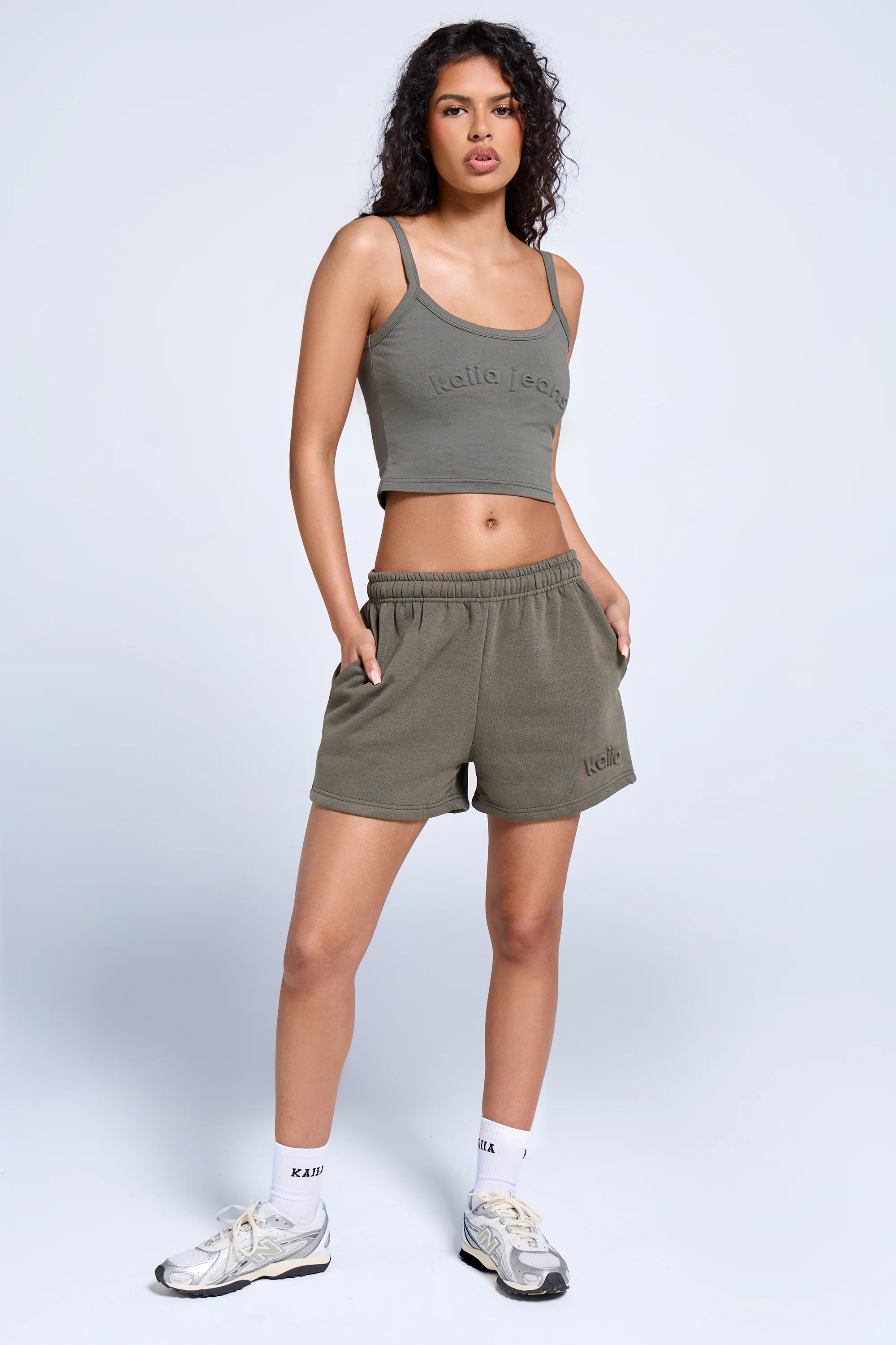 Kaiia Jeans Embossed Logo Cami Top Smoke Olive - Image 3