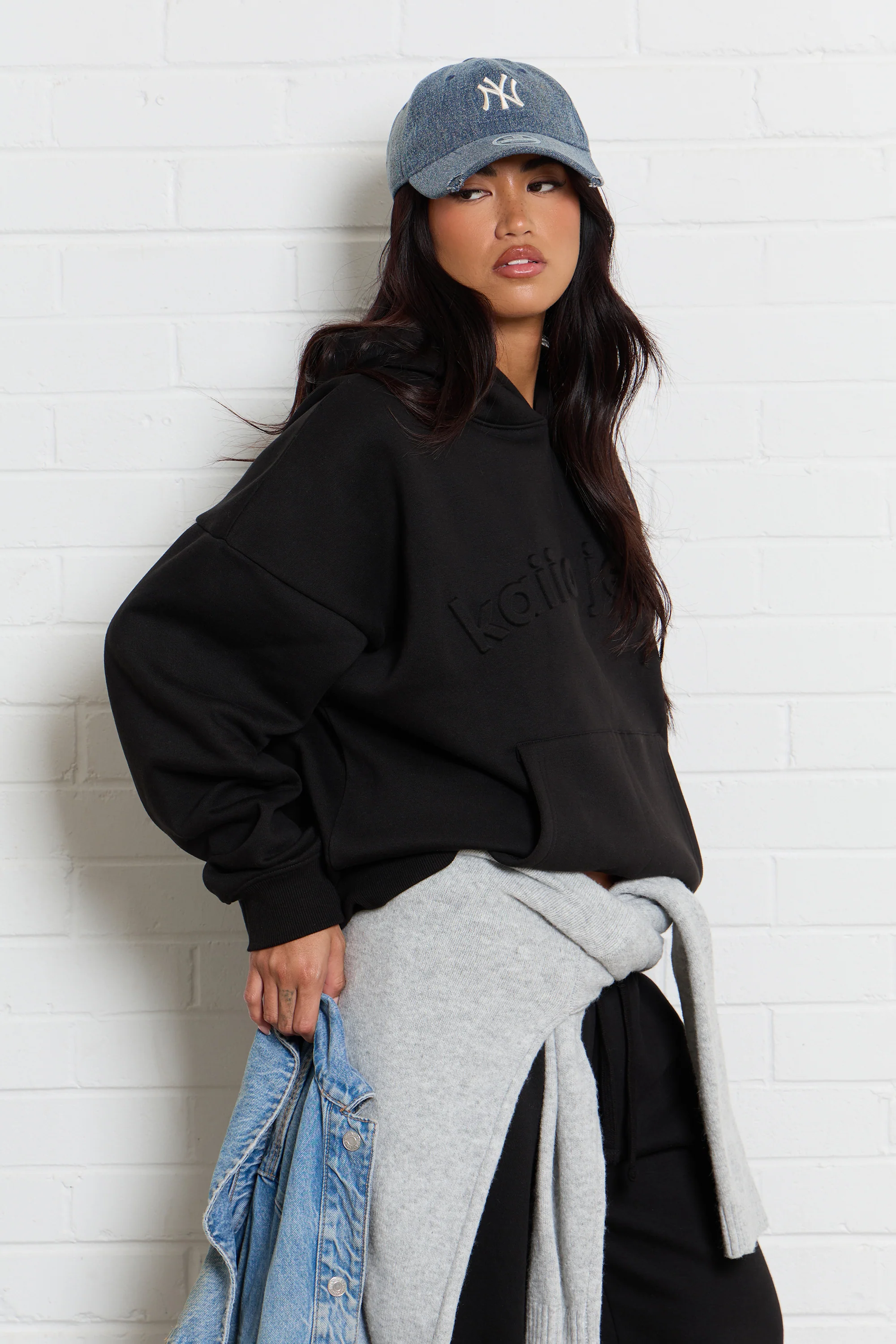 Kaiia Jeans Embossed Oversized Hoodie Black - Image 4