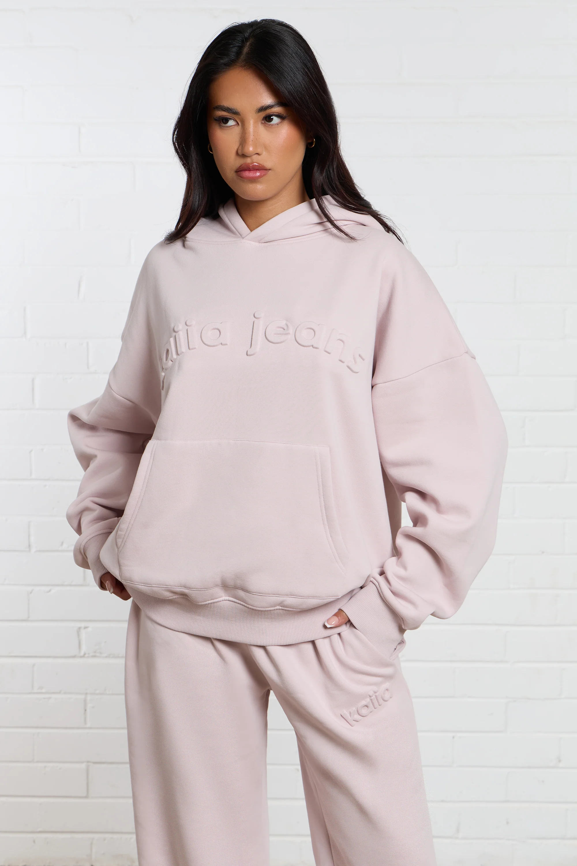 Kaiia Jeans Embossed Oversized Hoodie Pale Dusty Lilac