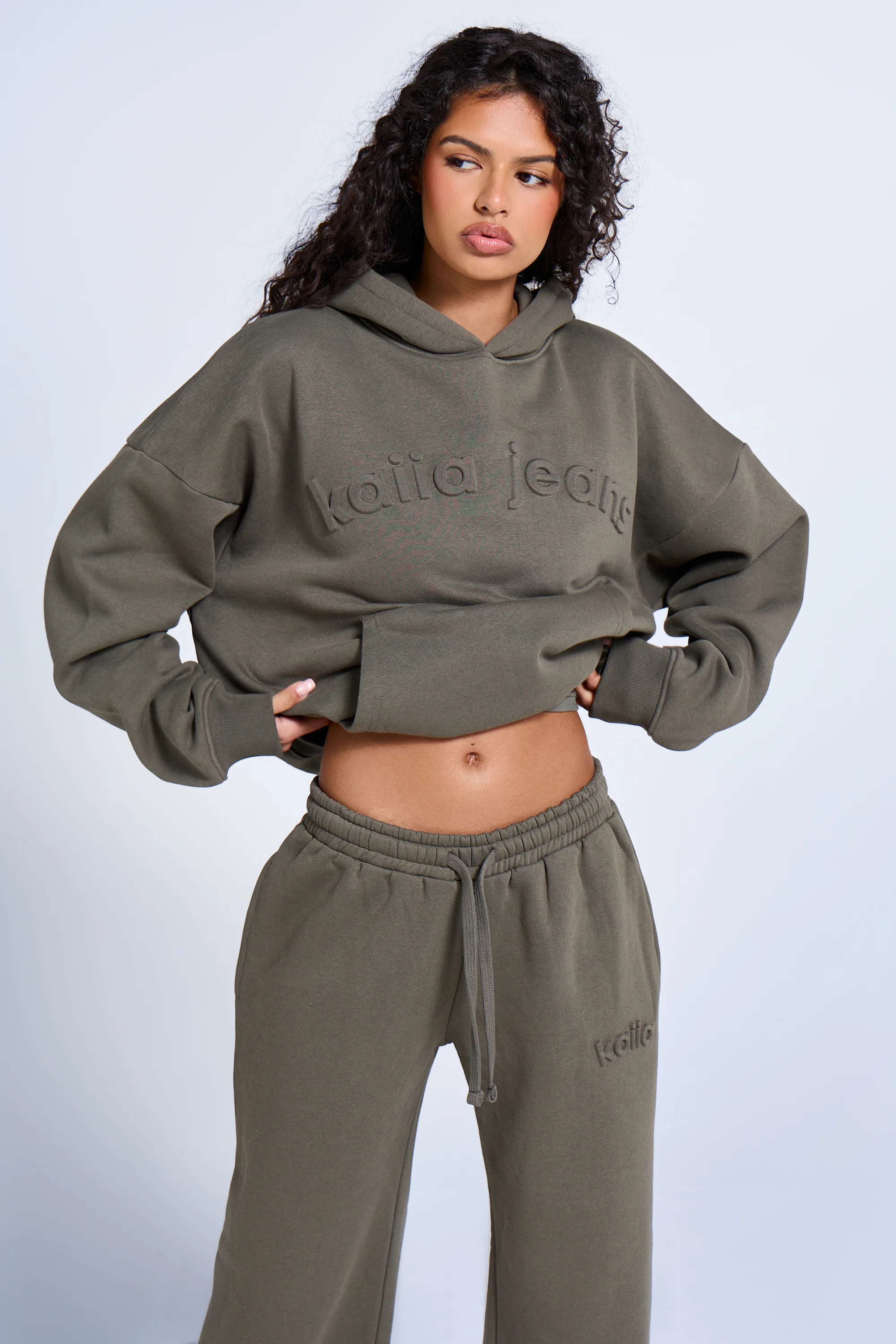 Kaiia Jeans Embossed Oversized Hoodie Smoke Olive