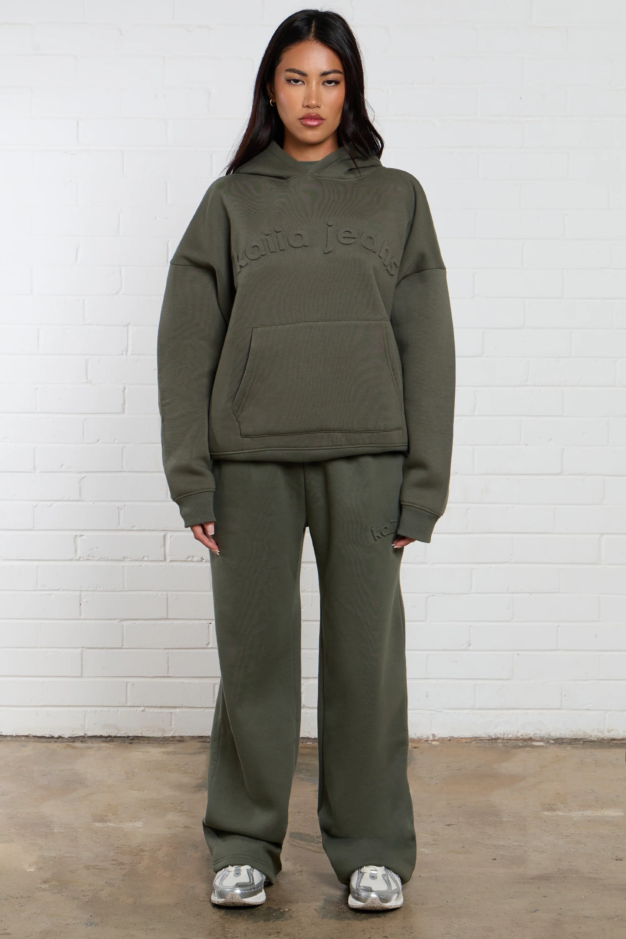 Kaiia Jeans Embossed Oversized Hoodie Smoke Olive - Image 7