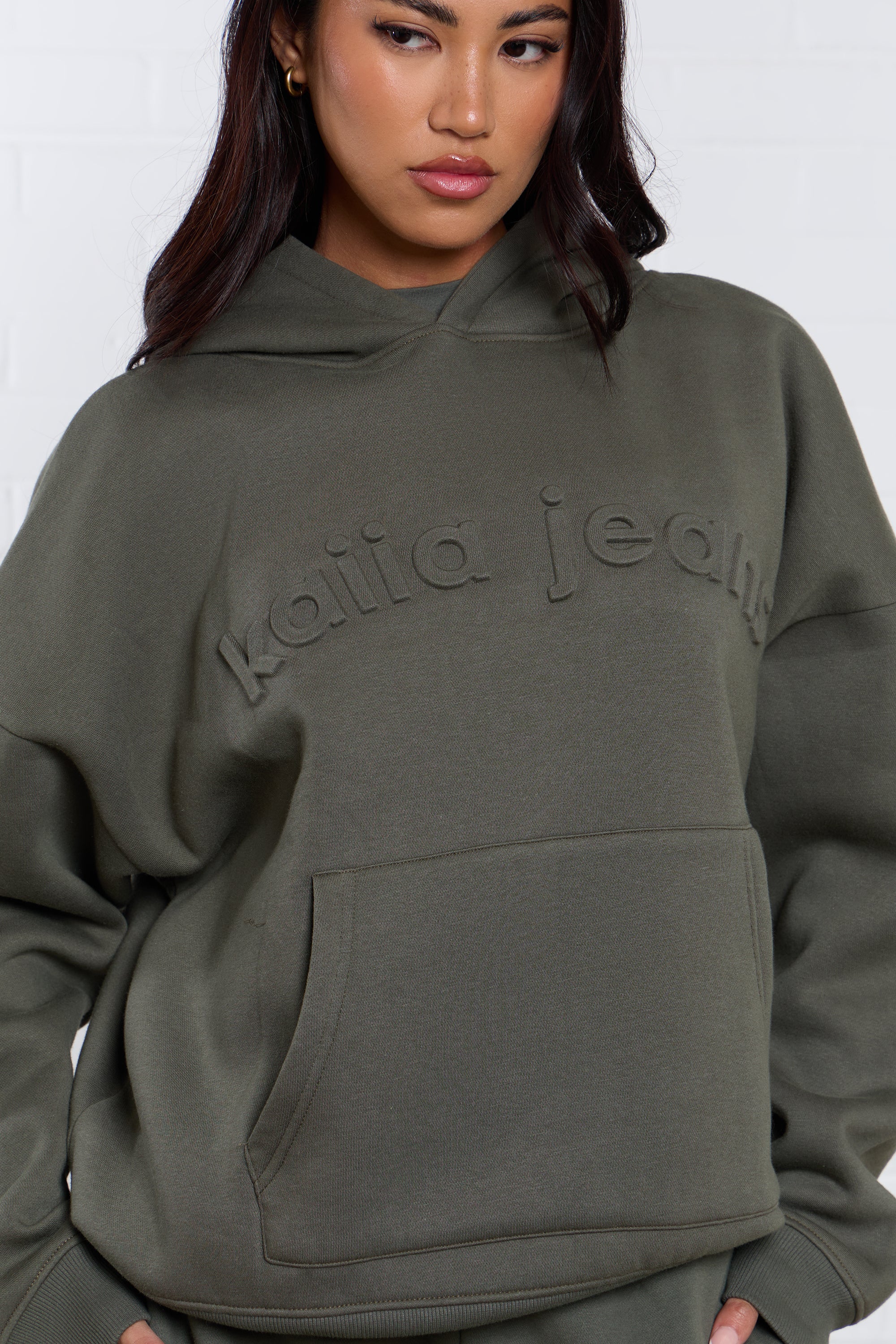 Kaiia Jeans Embossed Oversized Hoodie Smoke Olive - Image 8