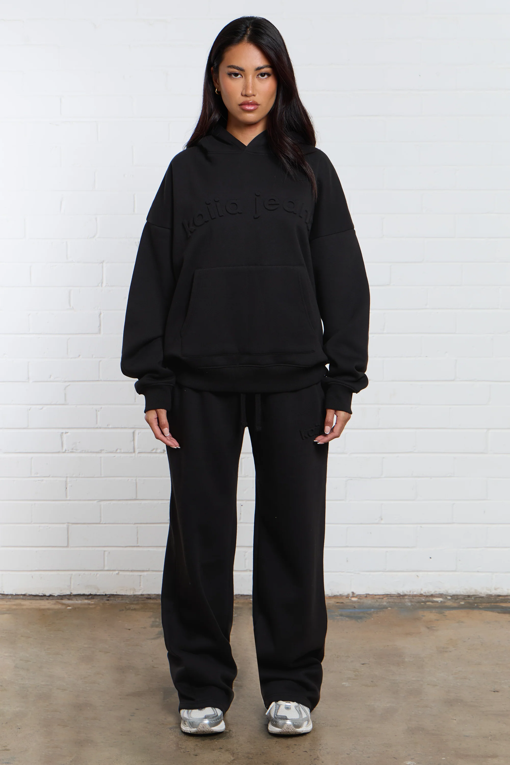 Kaiia Jeans Embossed Wide Leg Joggers Black