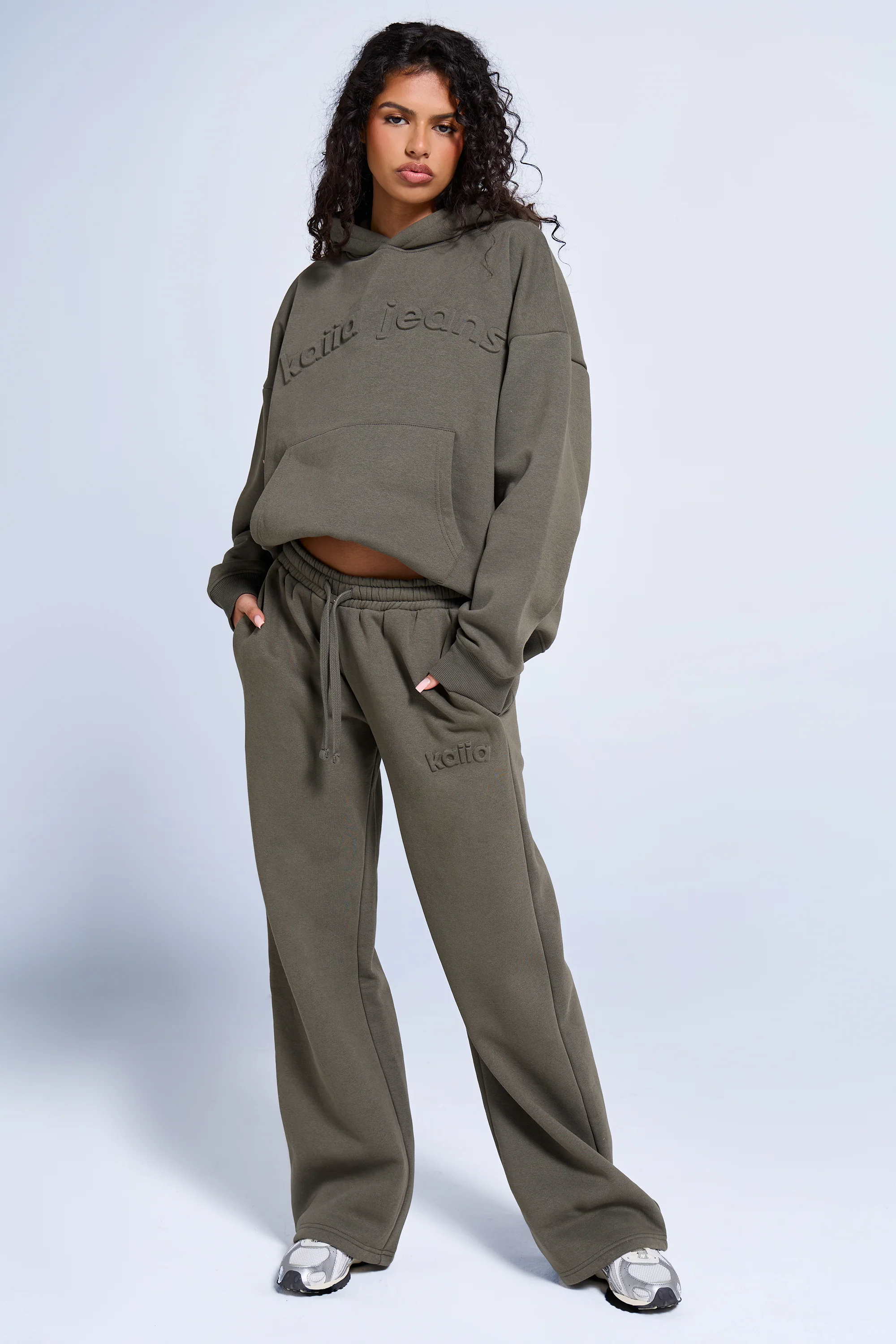 Kaiia Jeans Embossed Wide Leg Joggers Smoke Olive