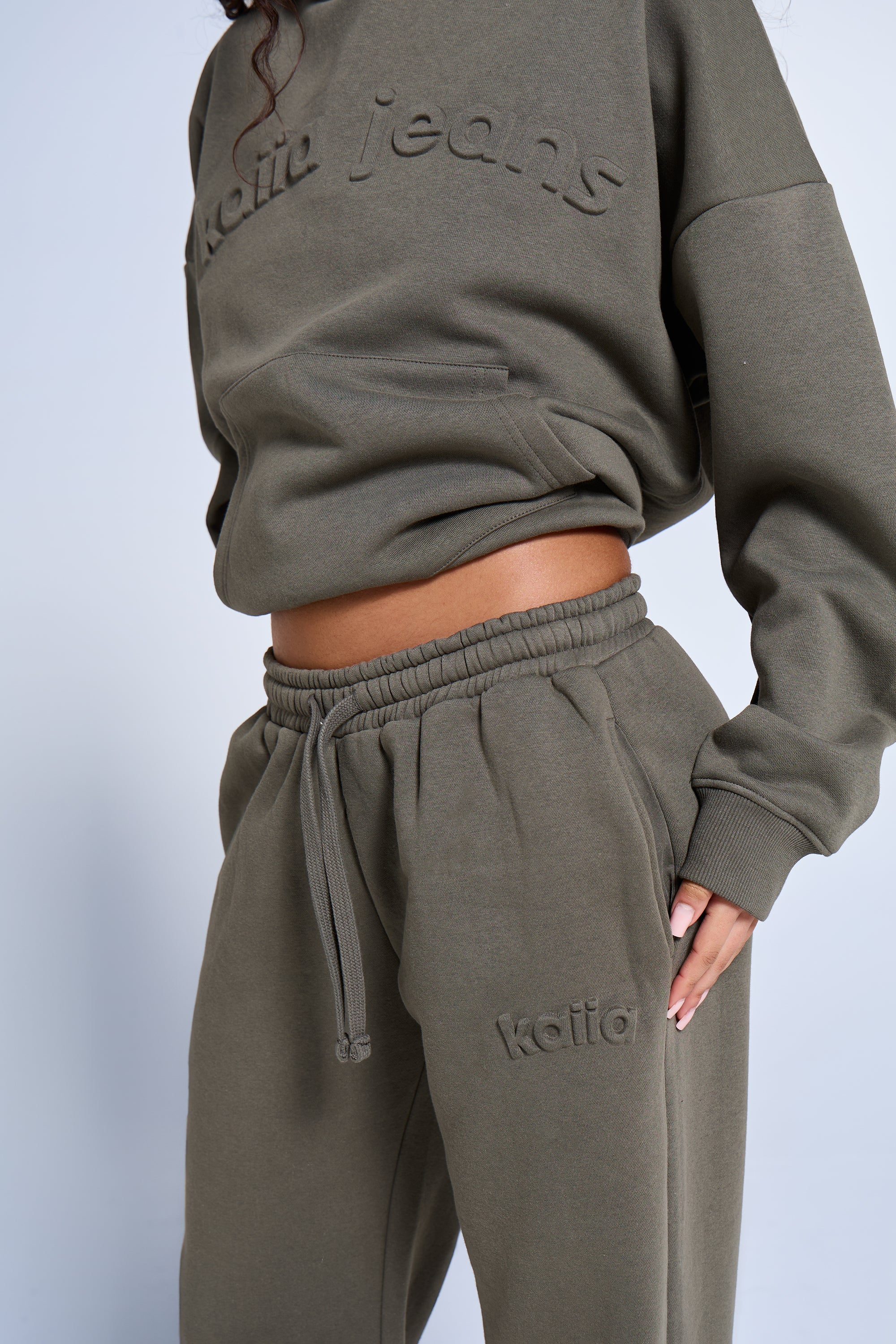 Kaiia Jeans Embossed Wide Leg Joggers Smoke Olive - Image 2