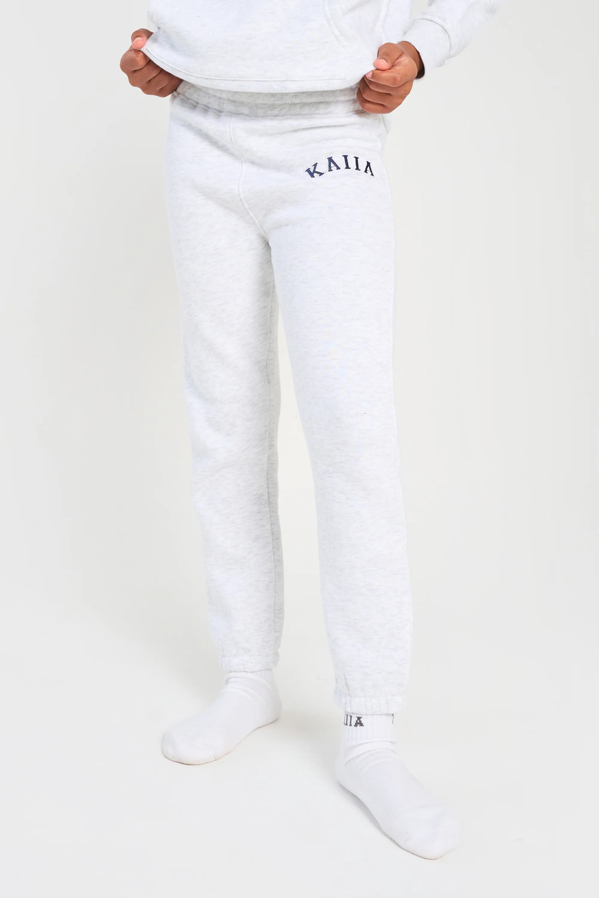 Kaiia Kids Cuffed Joggers Light Grey Marl & Navy - Image 3