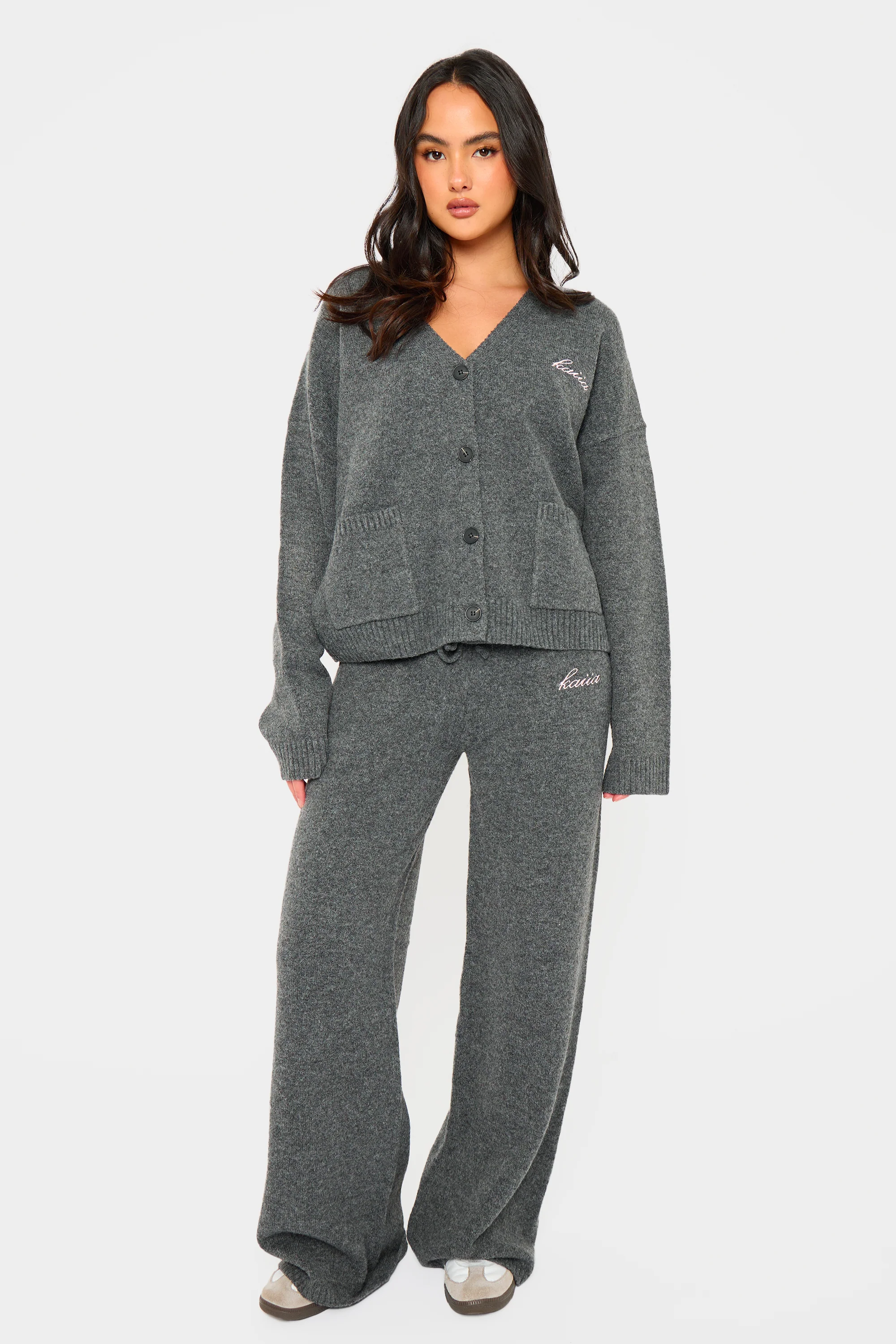 Kaiia Knit Button Down Pocket Cardigan Charcoal - Image 3