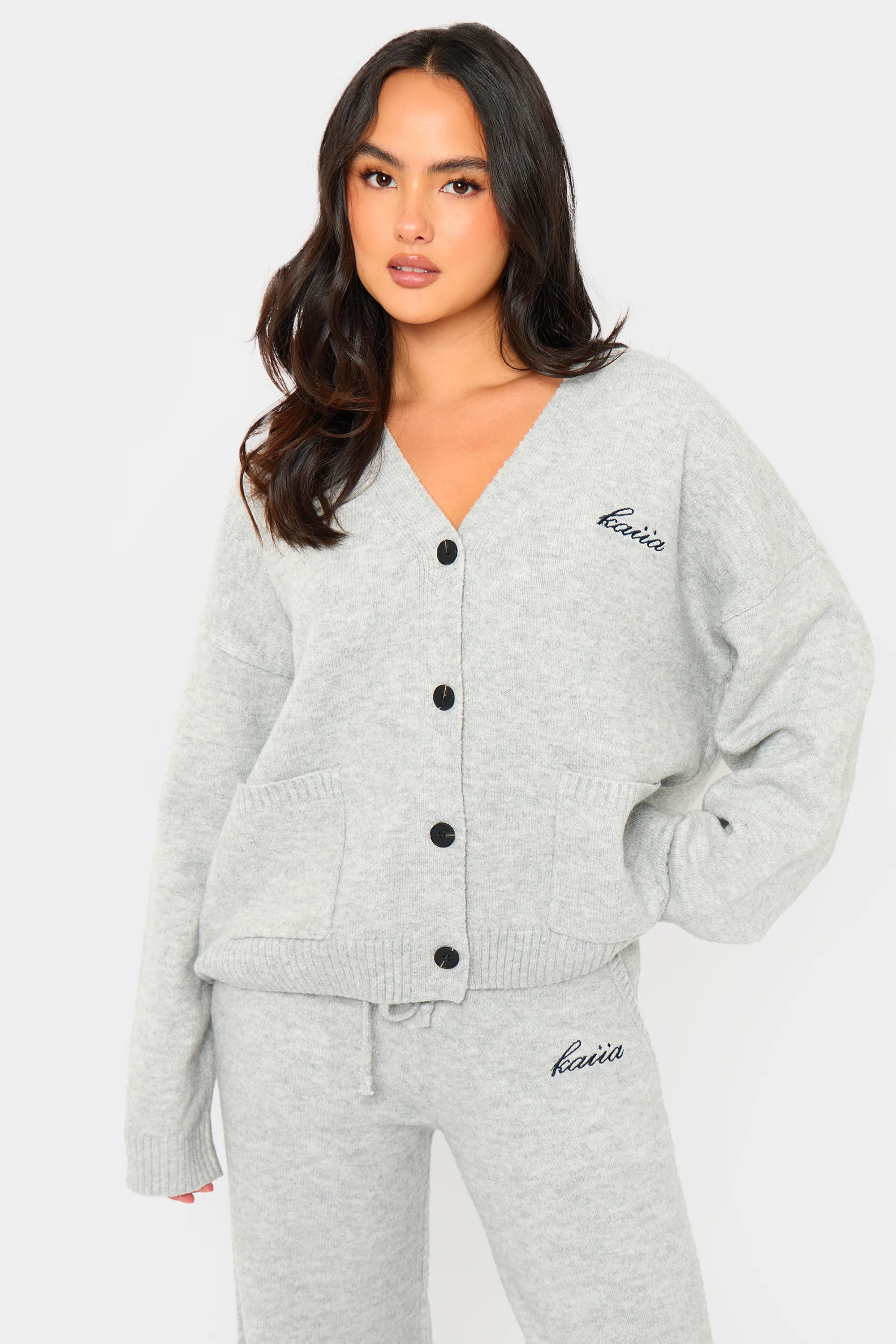 Kaiia Knit Button Down Pocket Cardigan Grey Marl