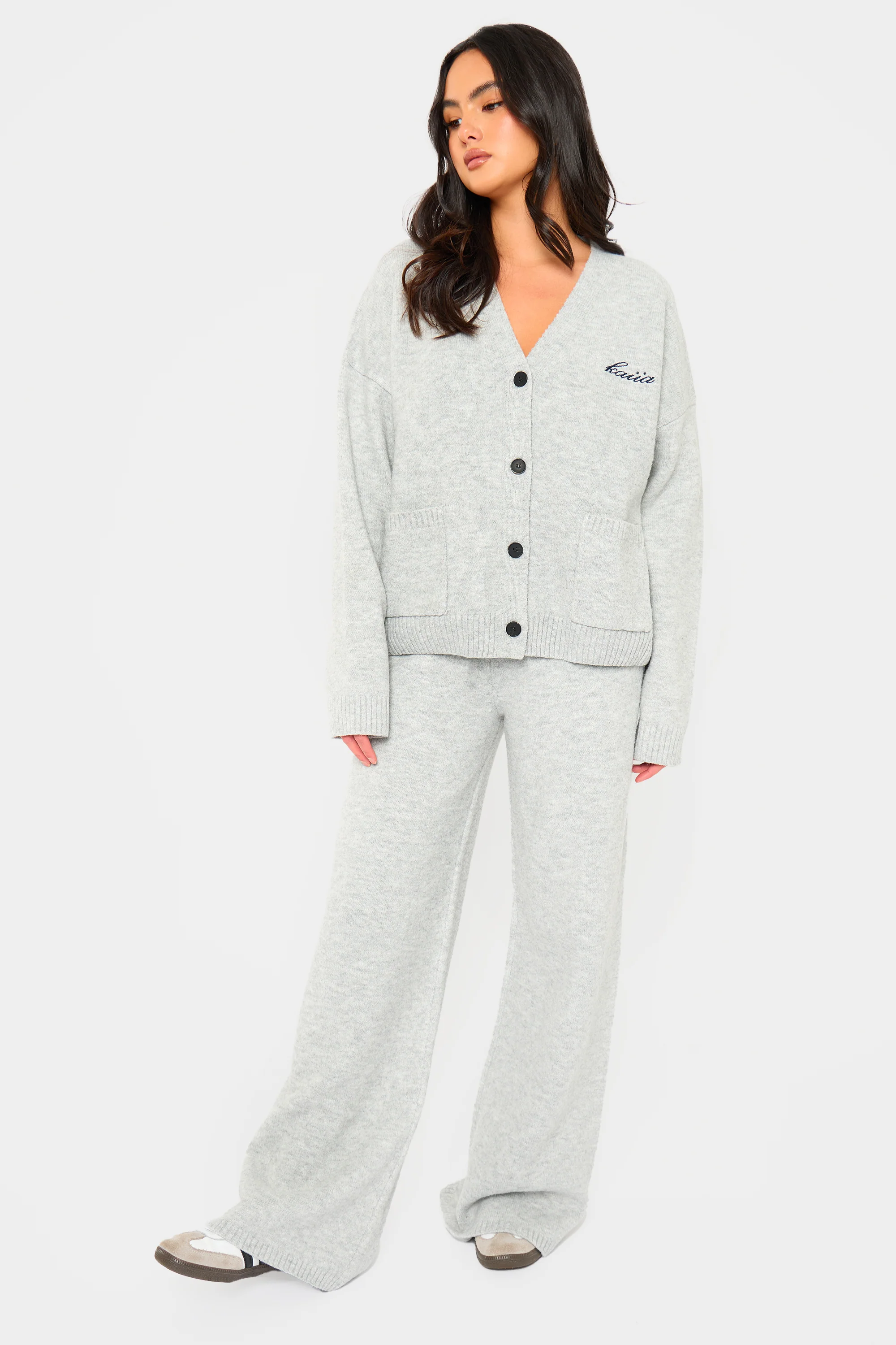 Kaiia Knit Button Down Pocket Cardigan Grey Marl - Image 3