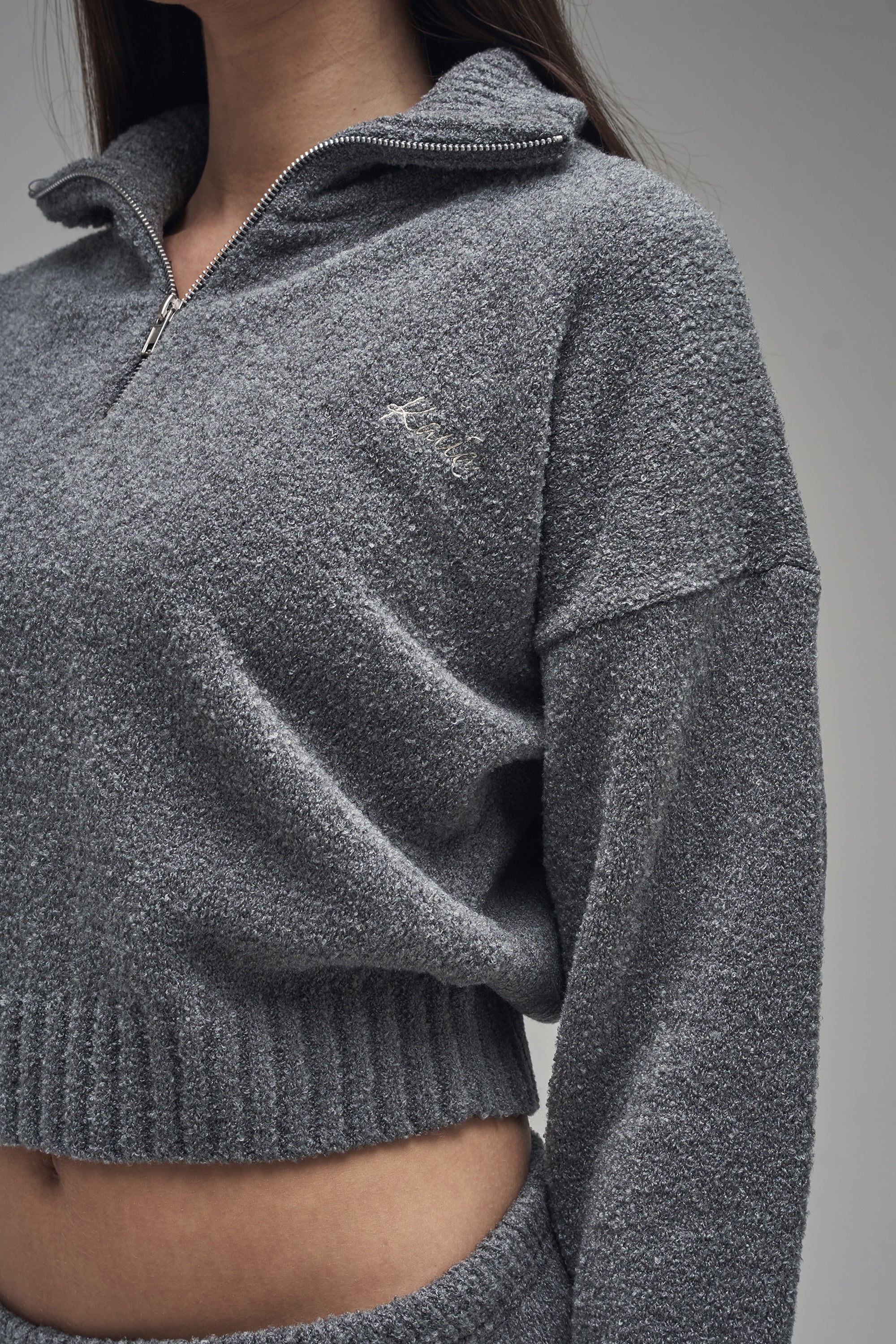 Kaiia Knit Fold Over Collar Quarter Zip Sweater Charcoal - Image 2