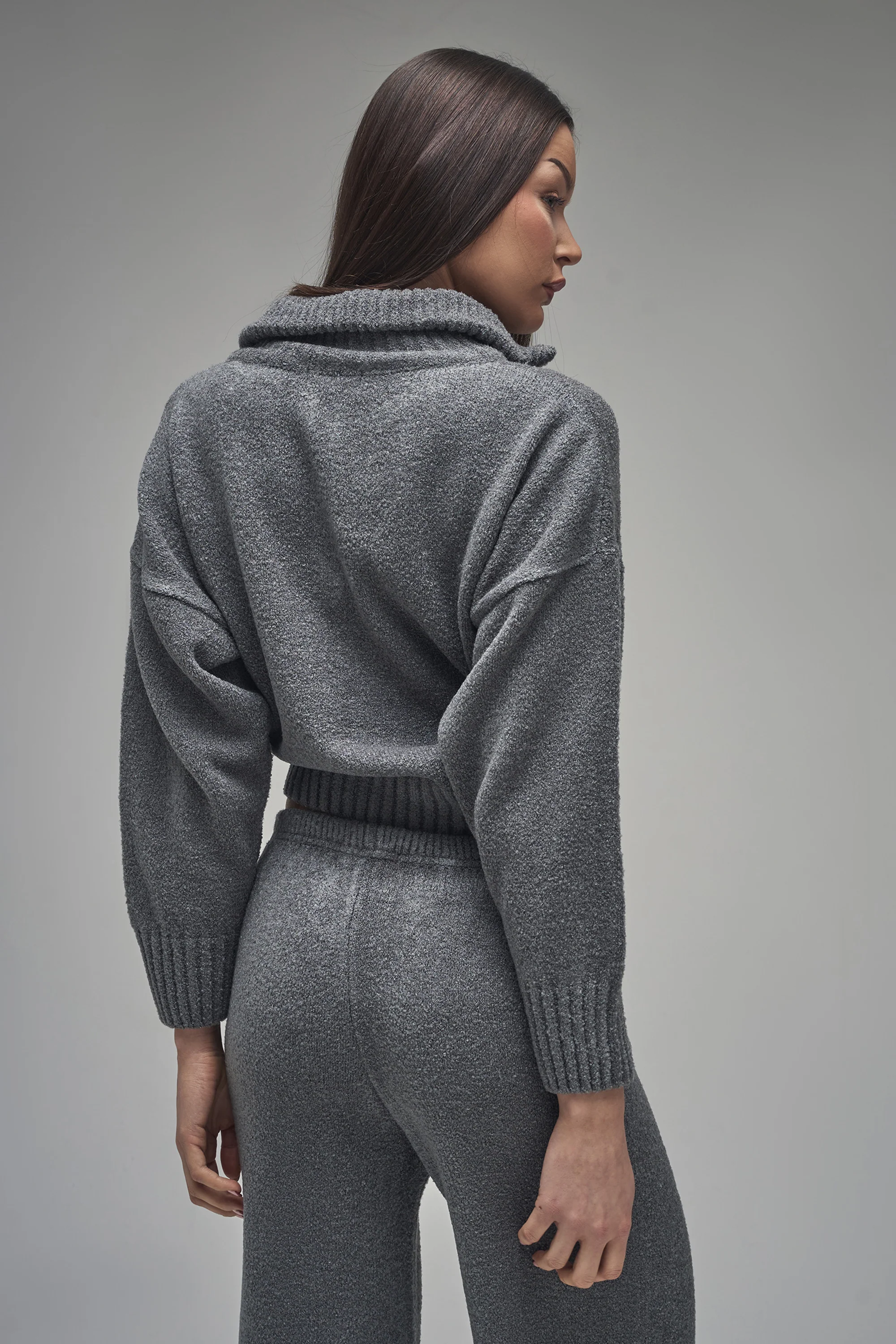 Kaiia Knit Fold Over Collar Quarter Zip Sweater Charcoal - Image 3