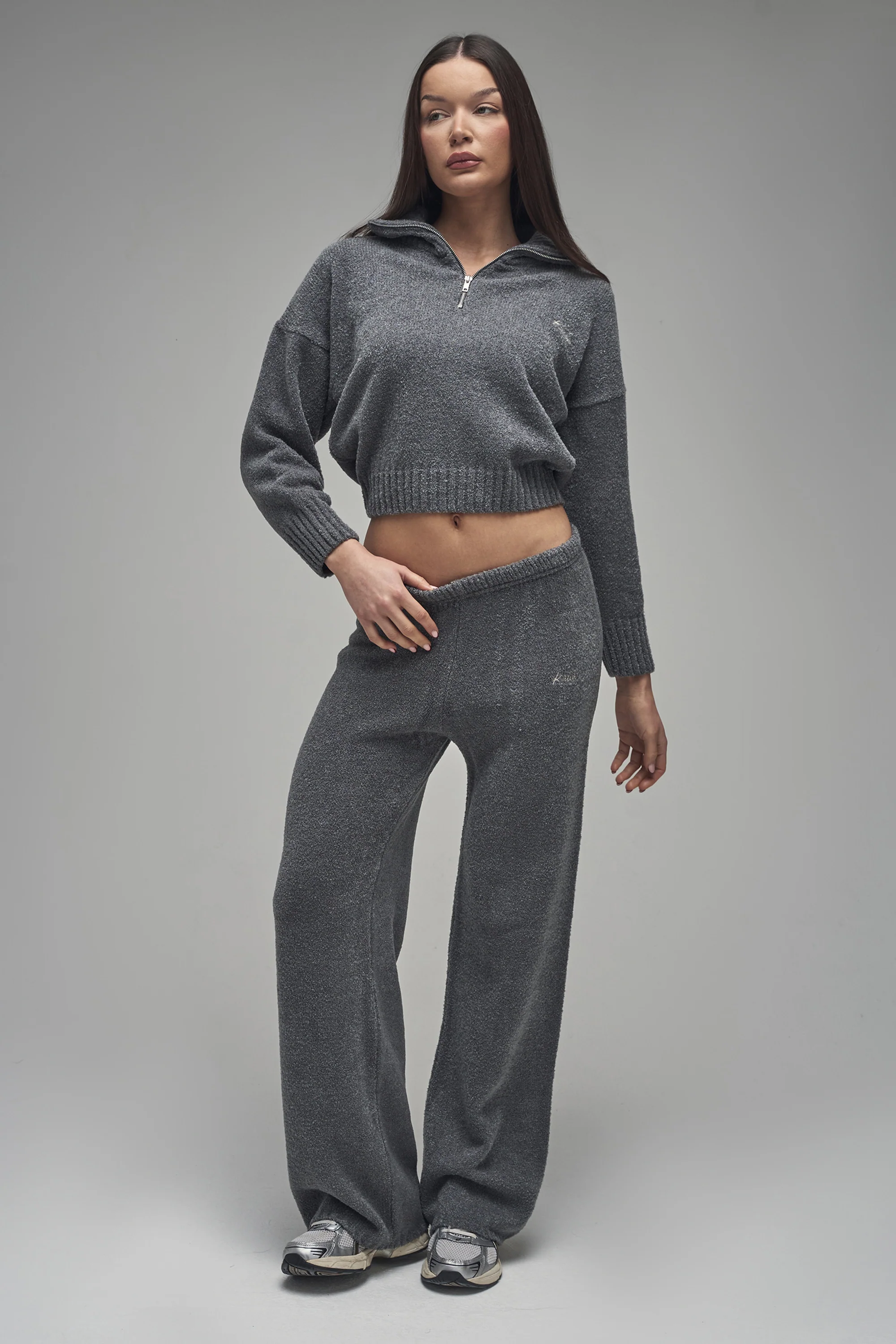 Kaiia Knit Fold Over Collar Quarter Zip Sweater Charcoal - Image 4