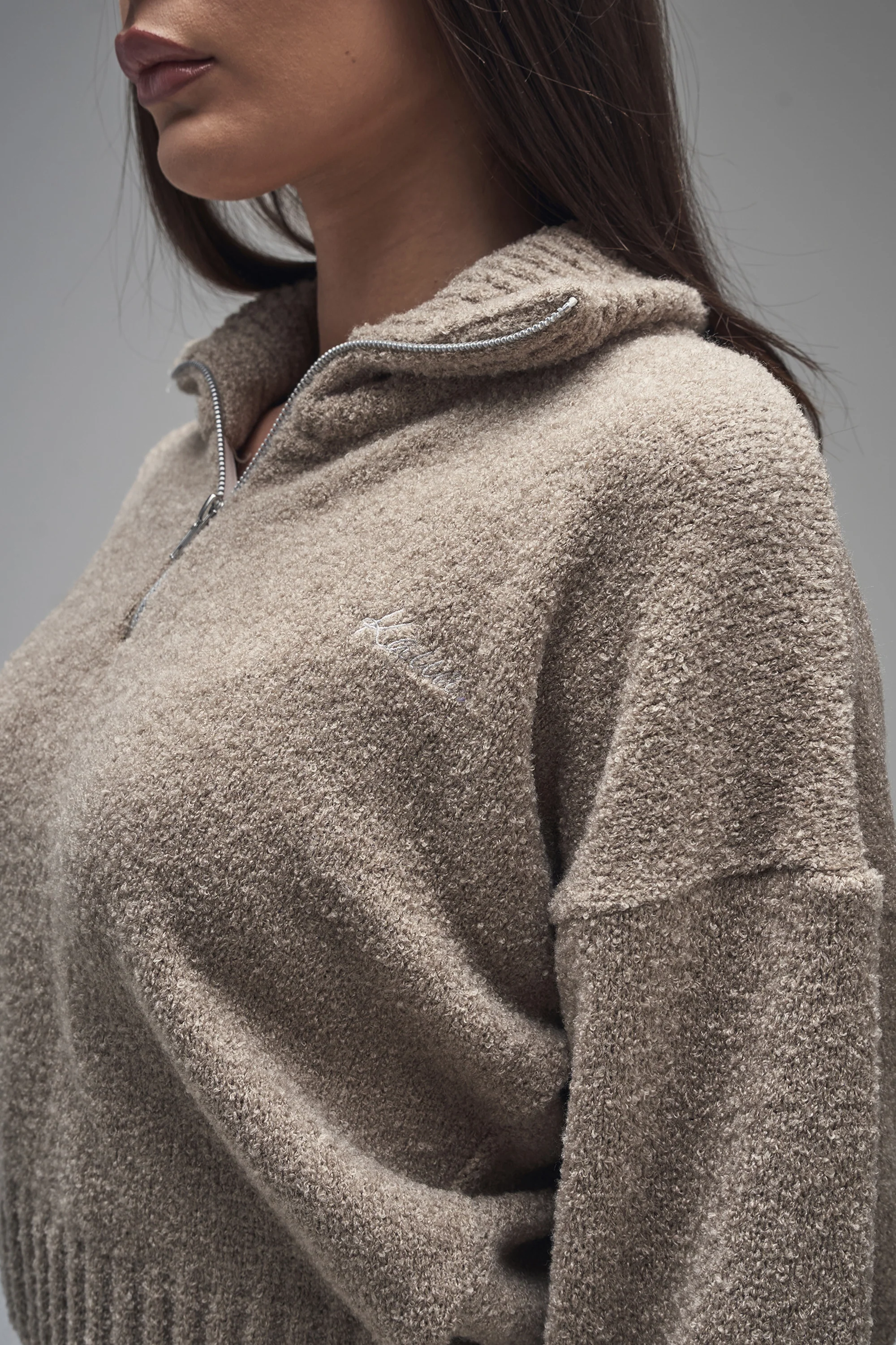 Kaiia Knit Fold Over Collar Quarter Zip Sweater Taupe - Image 2