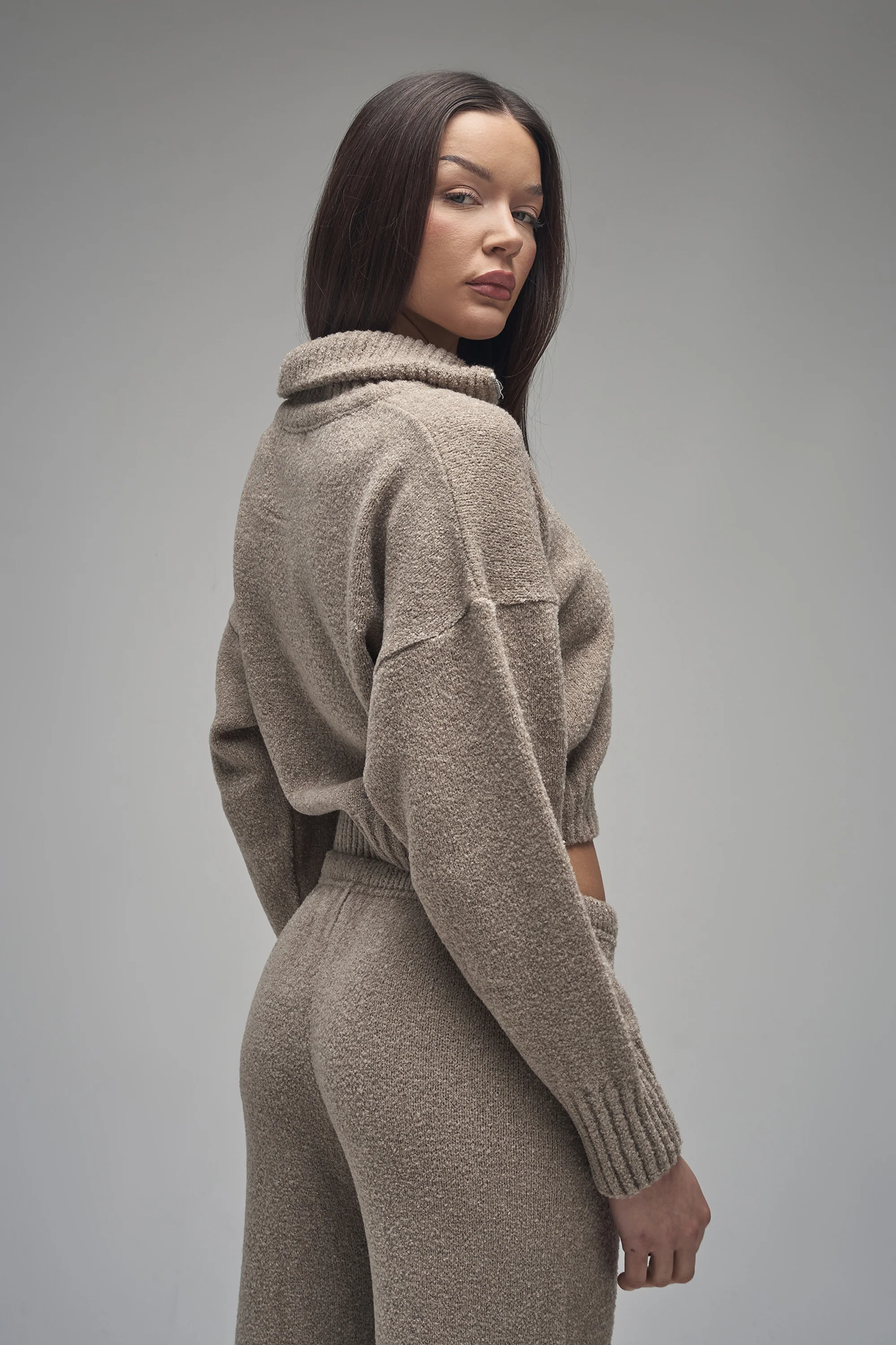 Kaiia Knit Fold Over Collar Quarter Zip Sweater Taupe - Image 3