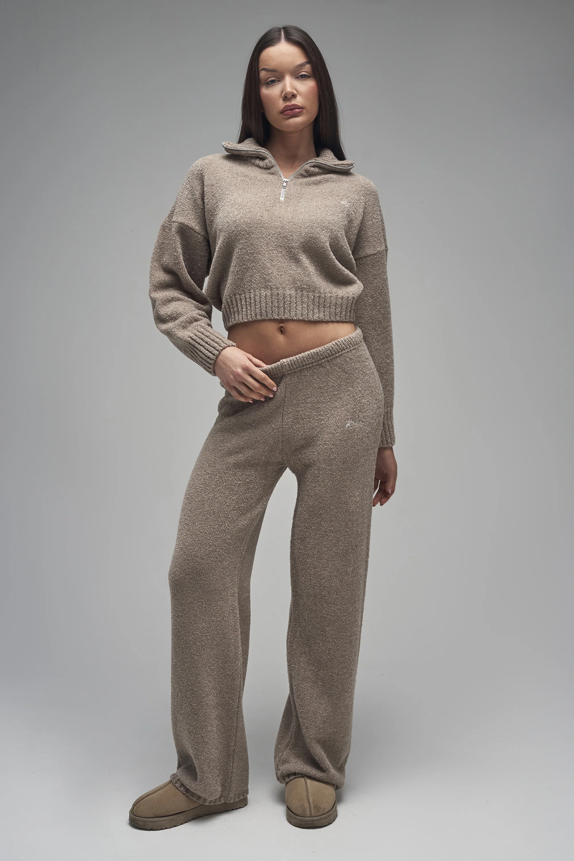 Kaiia Knit Fold Over Collar Quarter Zip Sweater Taupe - Image 4