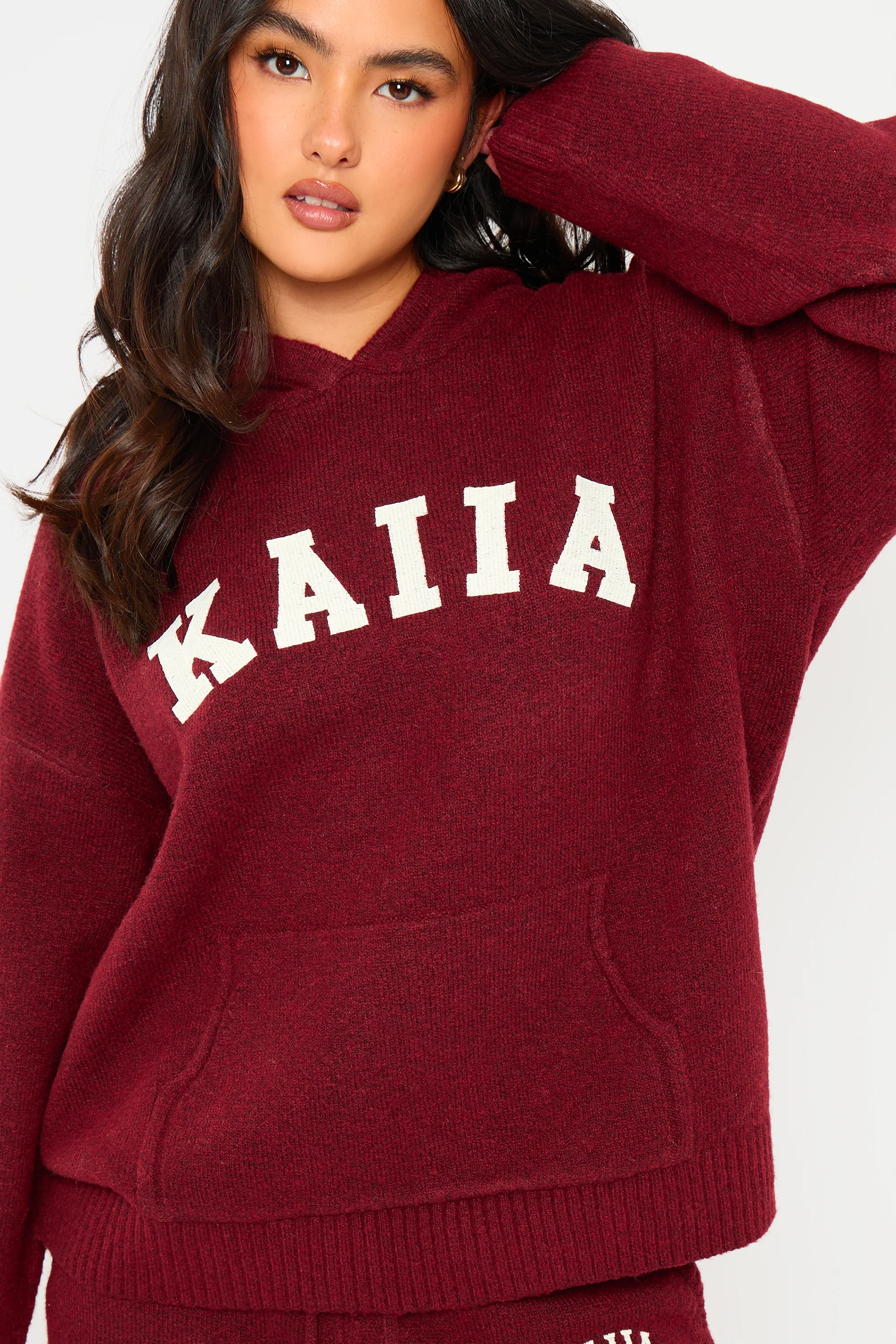 Kaiia Knit Oversized Hoodie Burgundy - Image 2