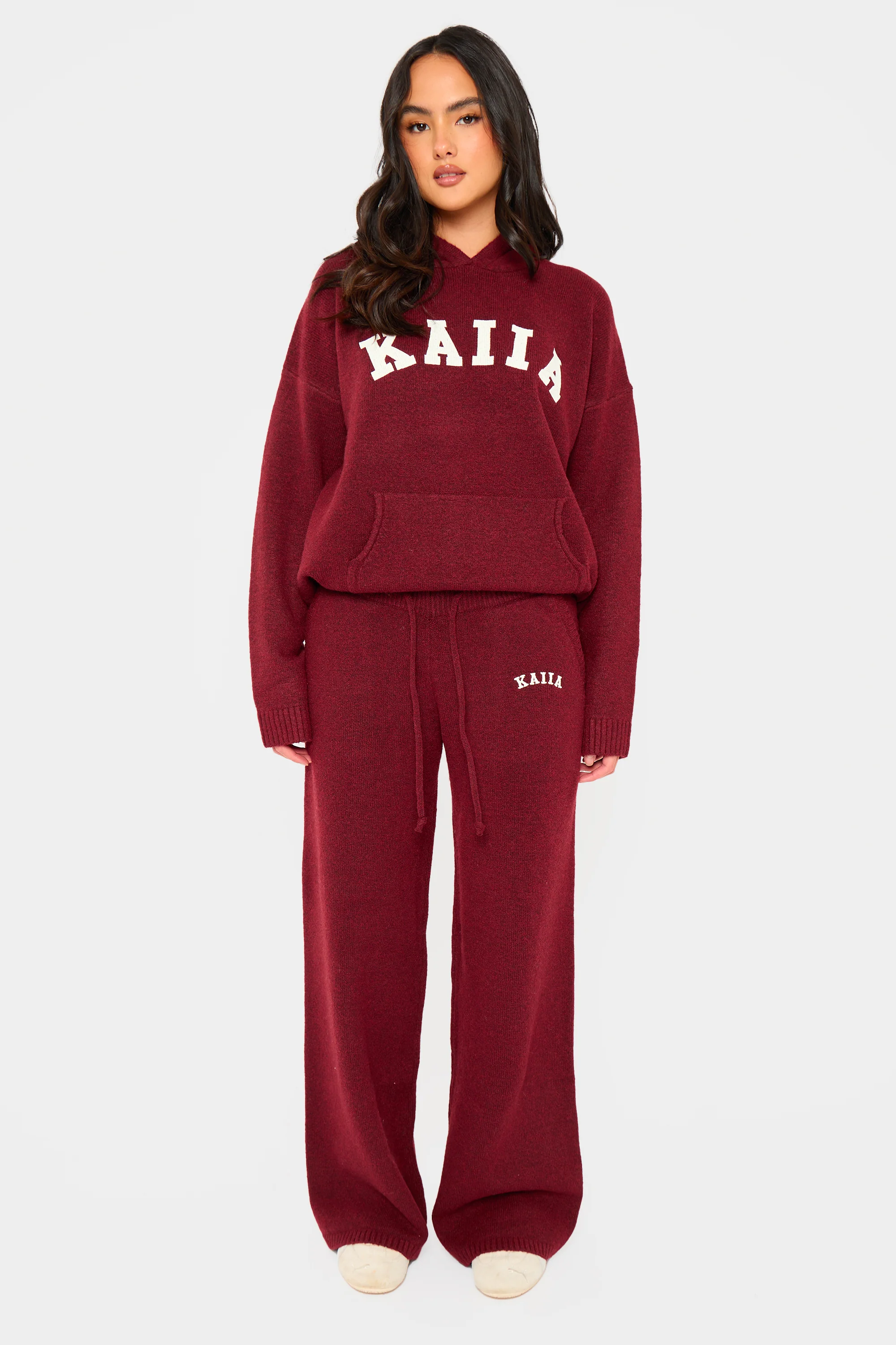 Kaiia Knit Oversized Hoodie Burgundy - Image 3
