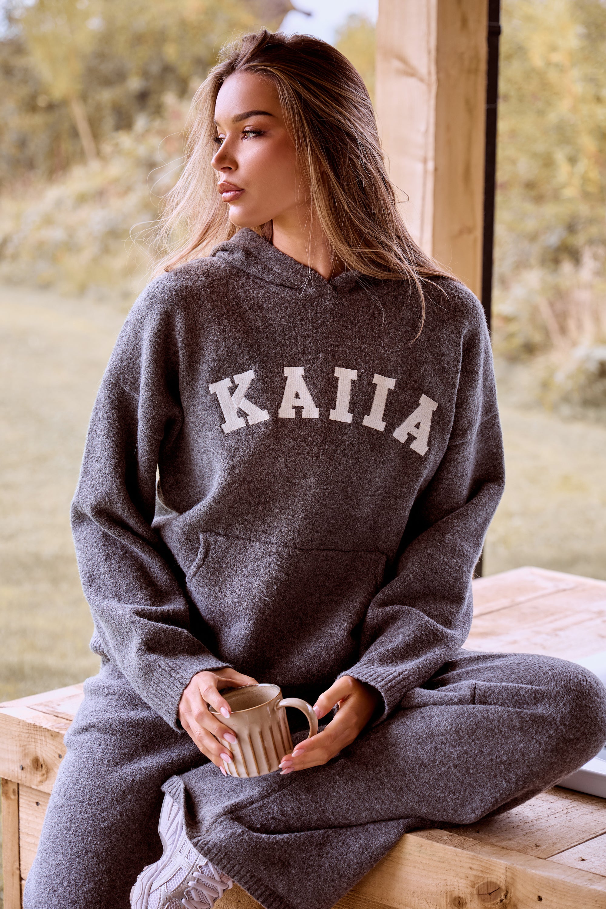 Kaiia Knit Oversized Hoodie Charcoal