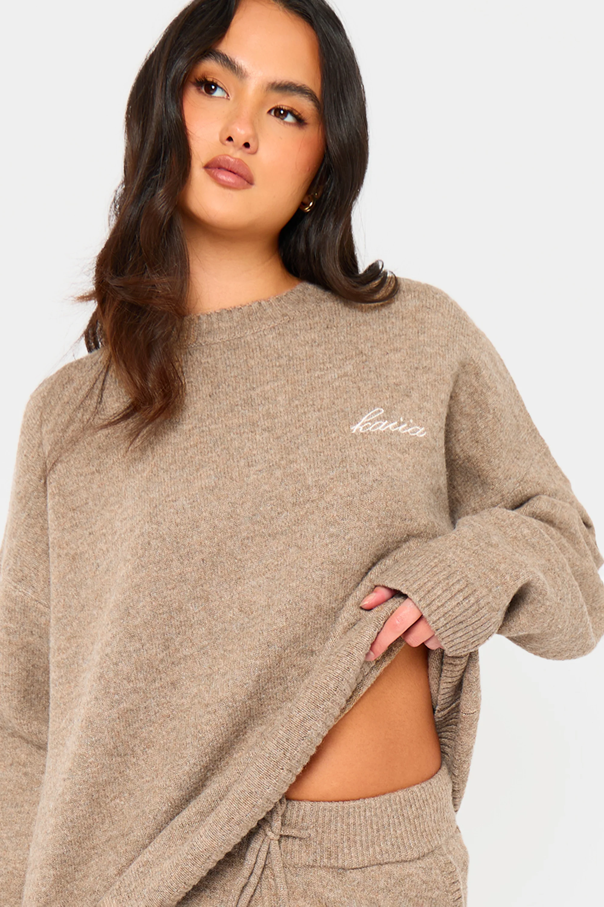 Kaiia Knit Oversized Sweatshirt Taupe Marl - Image 2