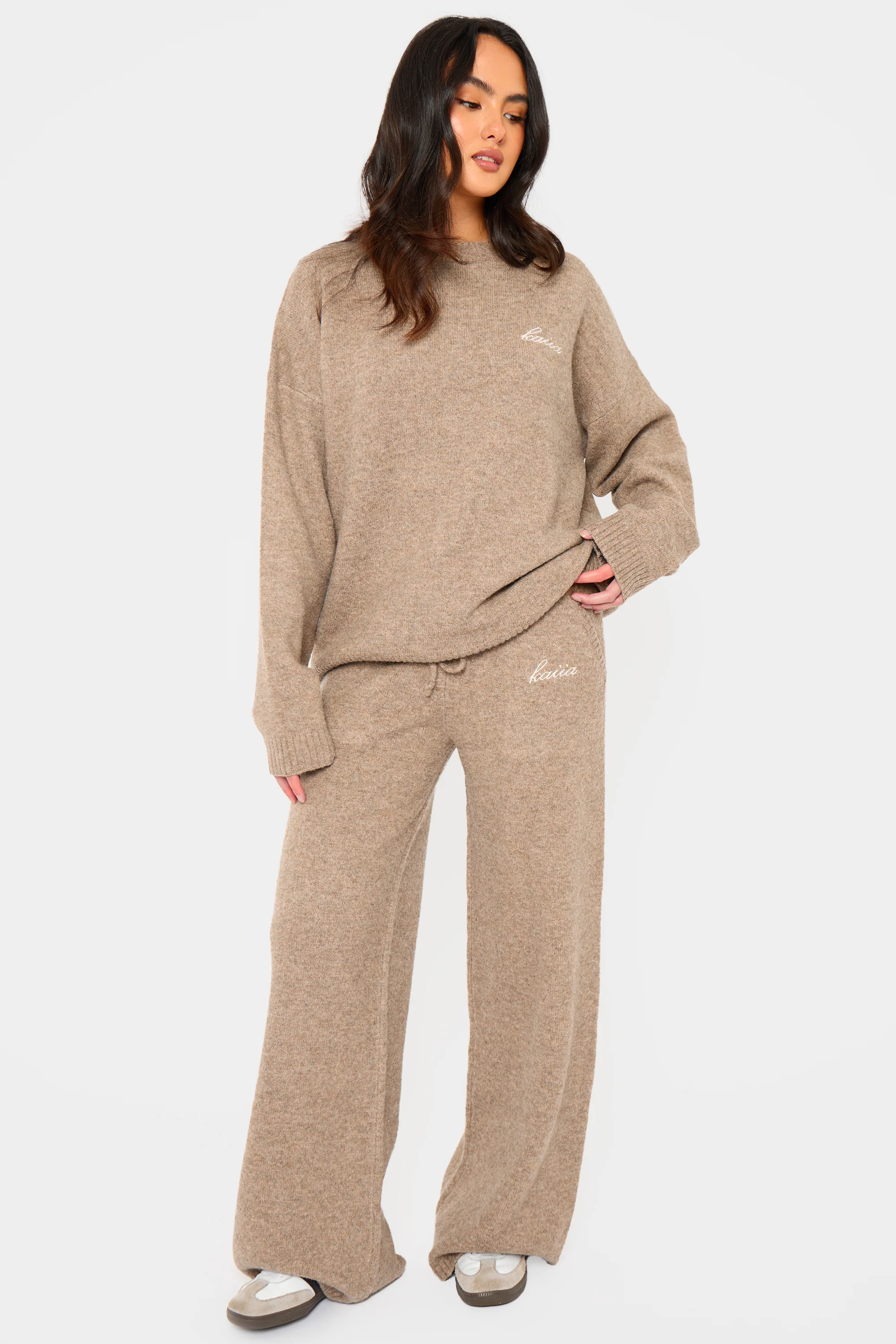 Kaiia Knit Oversized Sweatshirt Taupe Marl - Image 3