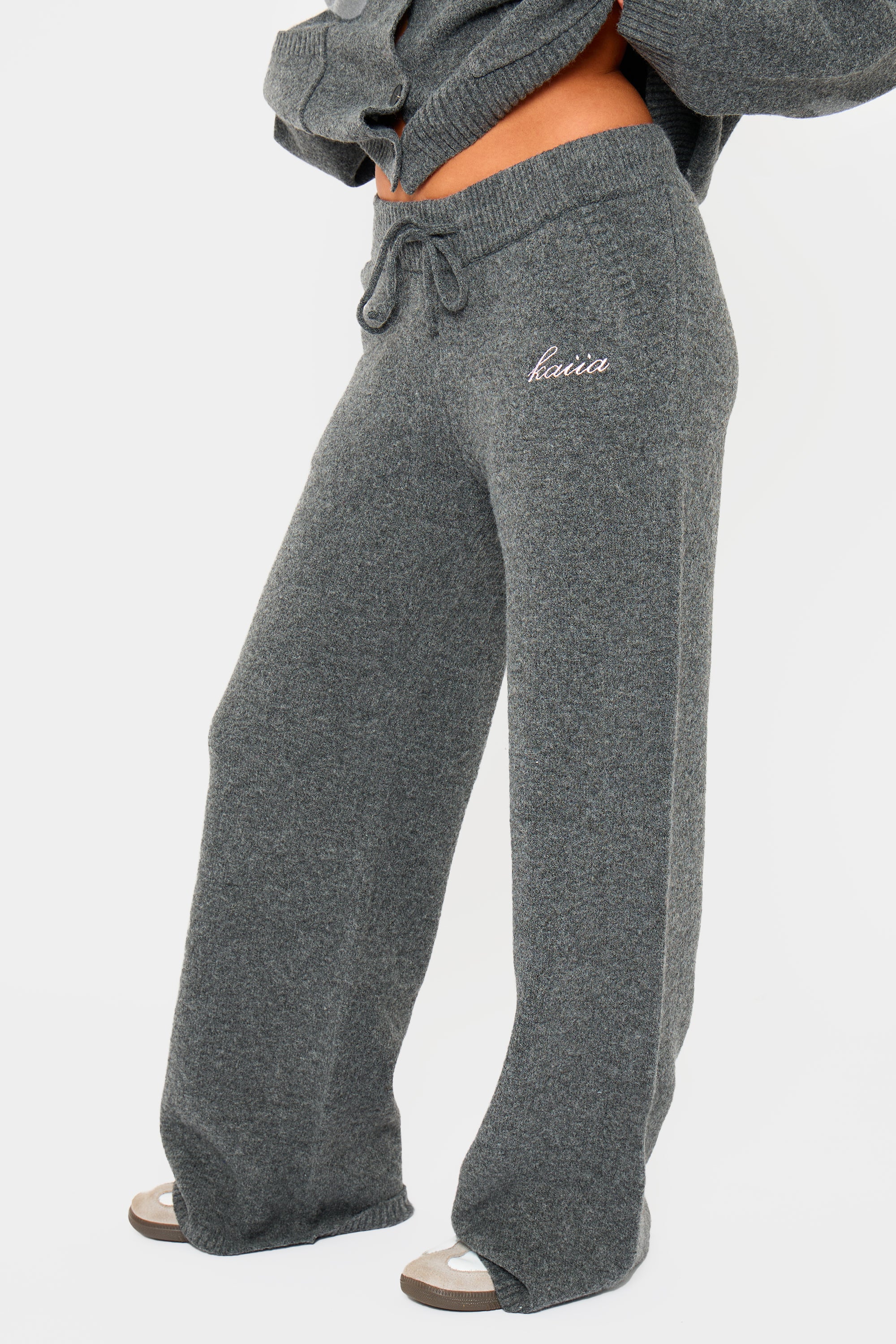 Kaiia Knit Wide Leg Trousers Charcoal - Image 3