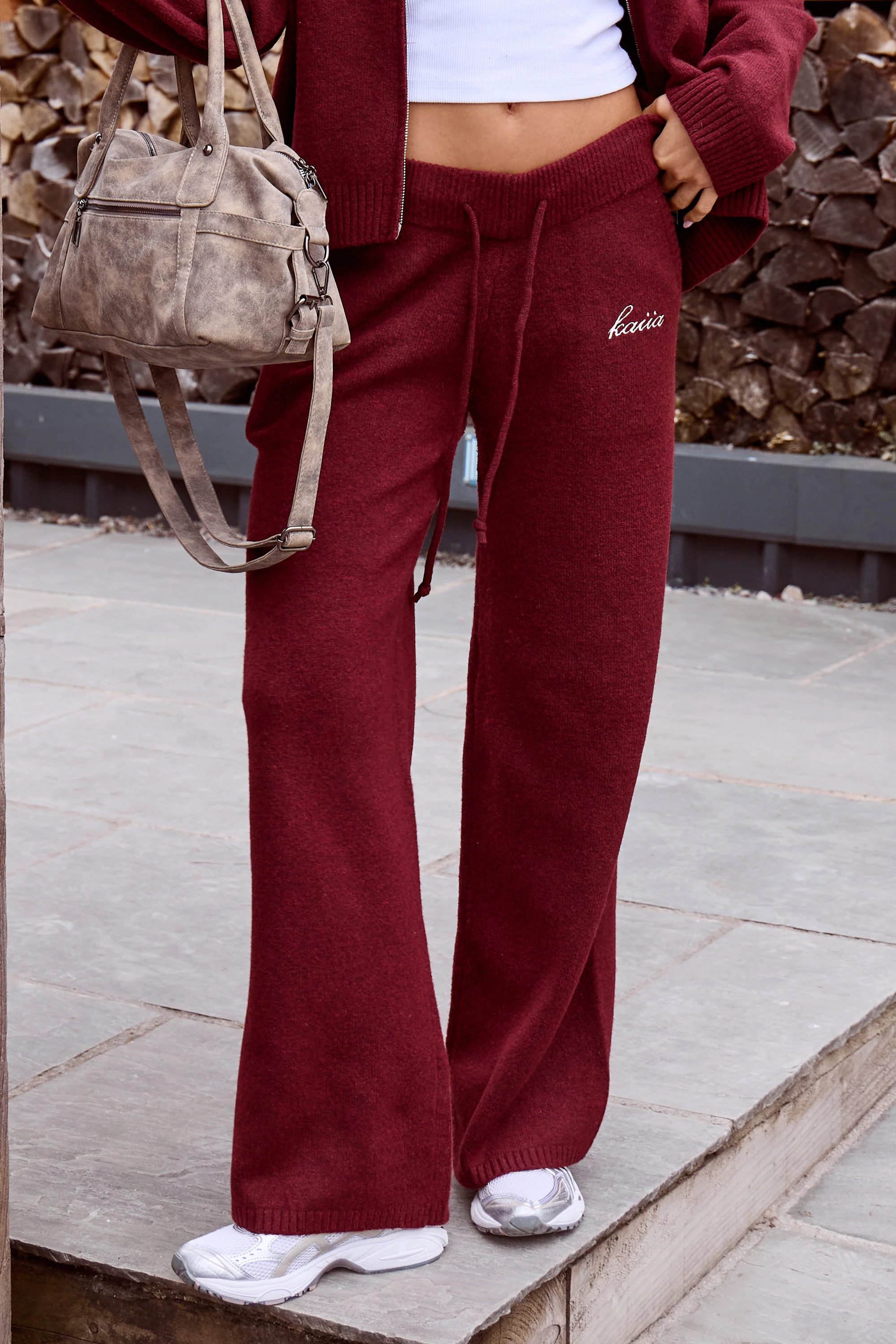 Kaiia Script Knit Wide Leg Trousers Burgundy - Image 2