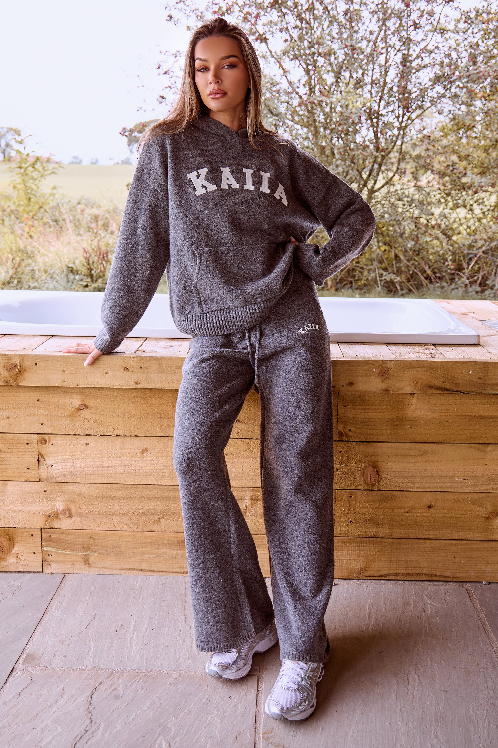 Kaiia Logo Knit Wide Leg Trousers Charcoal