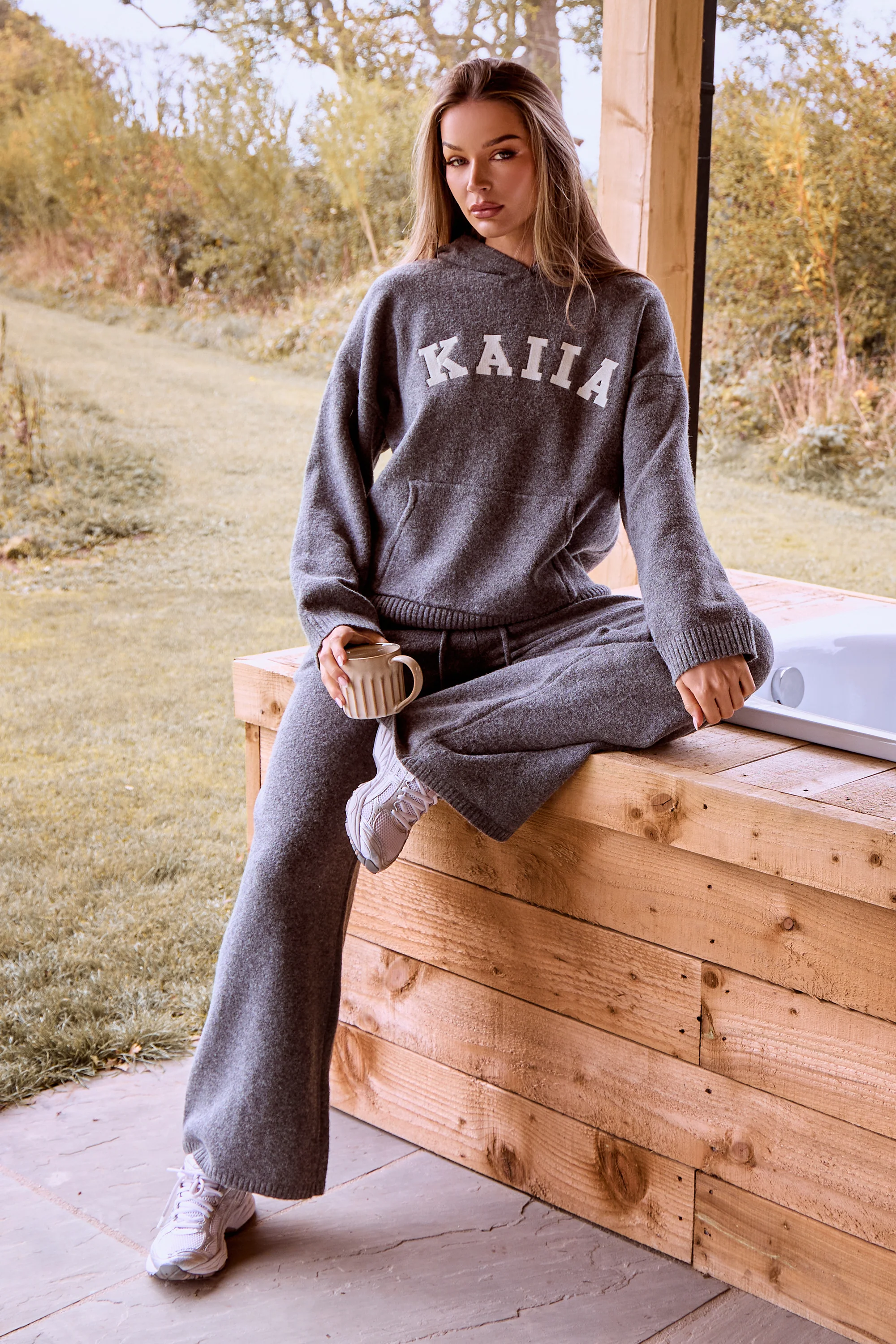 Kaiia Logo Knit Wide Leg Trousers Charcoal - Image 2